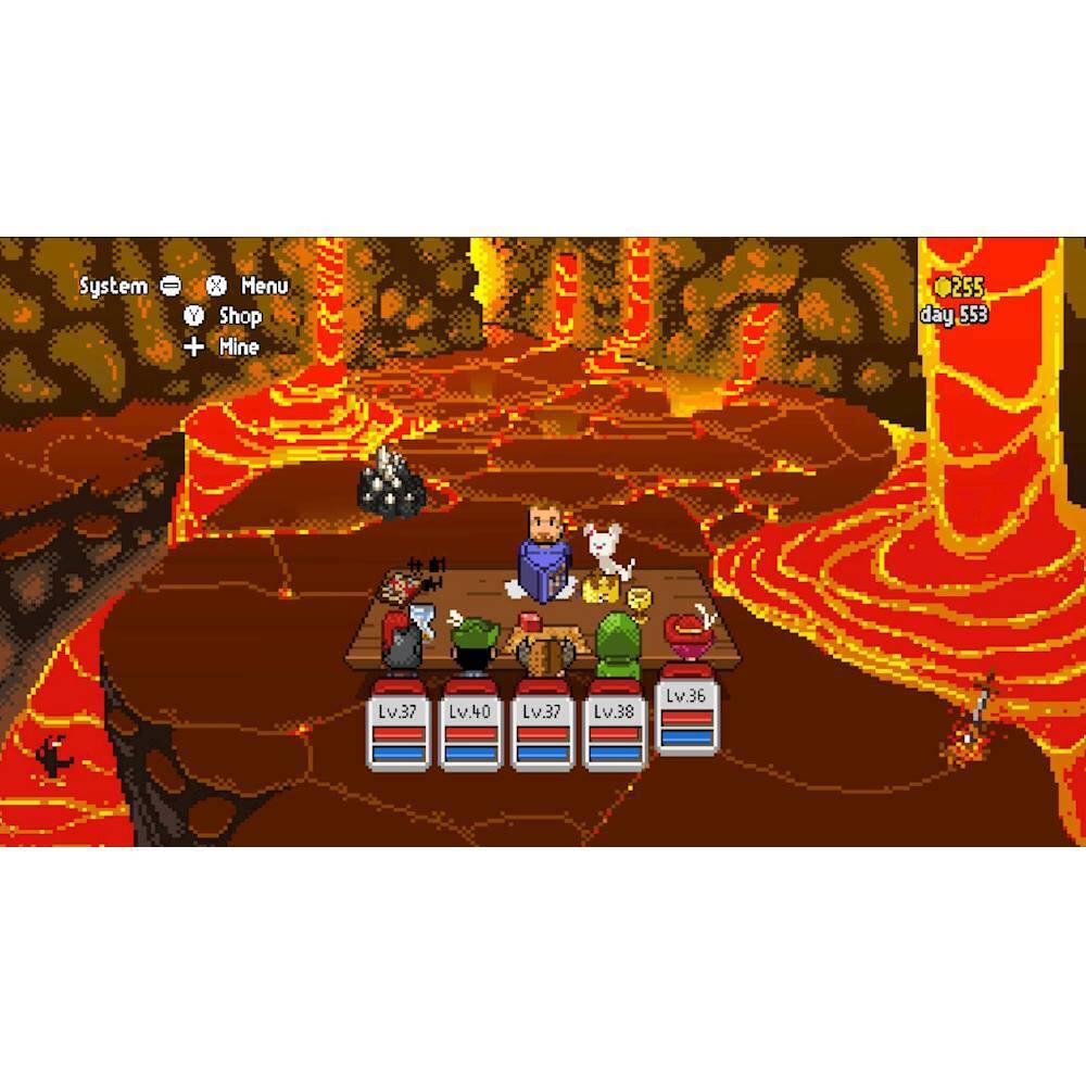 The image features a group of cartoon characters sitting around a table in a lava-filled cave. The characters are positioned in a way that they are all facing each other. The table is located in the center of the scene, with the characters sitting on chairs around it. The cave's walls are adorned with lava, creating a unique and interesting environment for the characters. The scene appears to be from a video game, as the characters are represented by cards, and the lava-filled cave serves as a backdrop for their gathering.