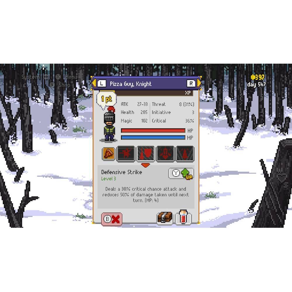 The image shows a character screen for a game, featuring a character named "Pizza Guy, Knight." The character has a point of 1, and their attack is between 27-33. Their health is at 285, and their initiative is at 102. The character also has a critical rate of 397, and their experience points are at 8, which is 31%. The character has a defensive strike ability that deals a 30% critical chance attack and reduces 50% of damage taken until the next turn. The character's MP is at 4.