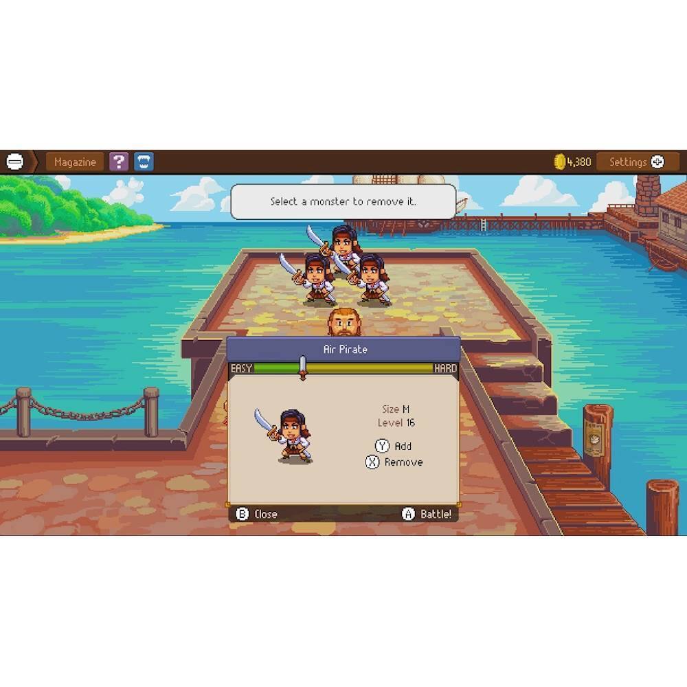 The image features a video game with a group of characters, including a pirate, standing on a dock. The game is set in a tropical location, with a body of water visible in the background. The characters are equipped with swords, indicating that they are ready for a battle. The game is described as having 4,380 settings, and players can select a monster to remove. The game is rated as EASY, and the characters are at Level 16.