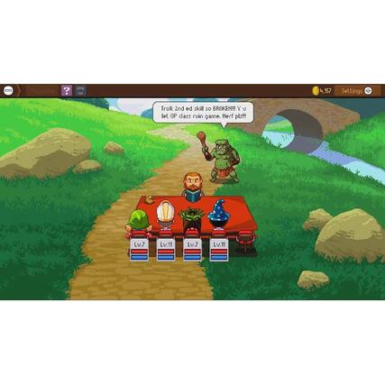 The image features a group of characters, including a man and a troll, sitting around a table. The man is holding a book, and the troll is holding a fork. The scene appears to be a game or a comic strip. The text in the image reads "Broken class ruin game. Herf plz!!! Lv.7 Lv.11 Lv.7 Lv.11." - E10+ (Everyone 10+)