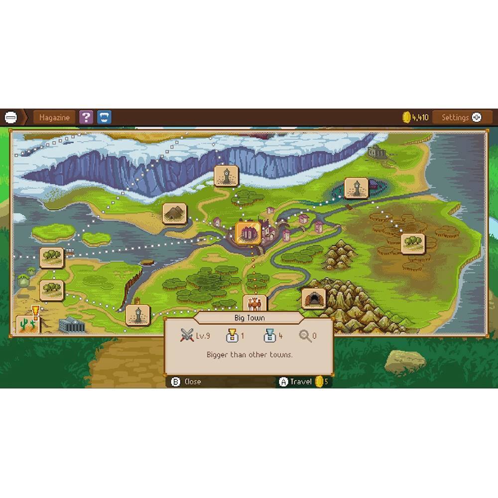 The image features a map of a town with a large text that says "Big Town." The map also has a setting that says "4.410 Settings + Big Town Lv.9 1 C 0 Bigger than other towns. B Close A Travel 5 A." This suggests that the town is a significant location in the game, possibly a starting point or a major destination for players. The presence of the "Big Town" label emphasizes its importance and distinguishes it from other towns in the game.