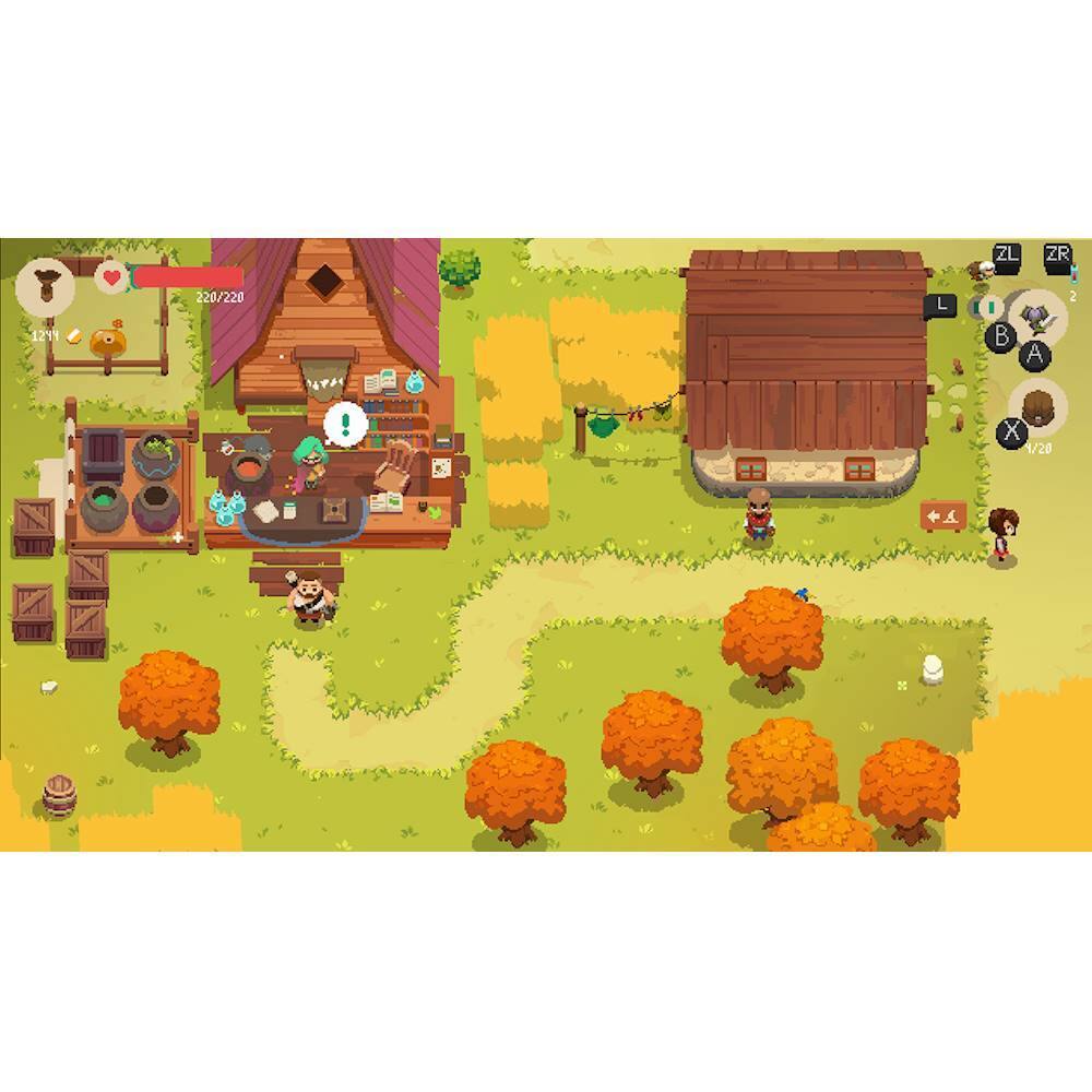The image features a game with a map of a village, including a house, a barn, and a path. There are several people in the scene, with one person standing near the barn and others scattered around the village. The game appears to be a role-playing game with a focus on exploration and interaction with various elements within the village.