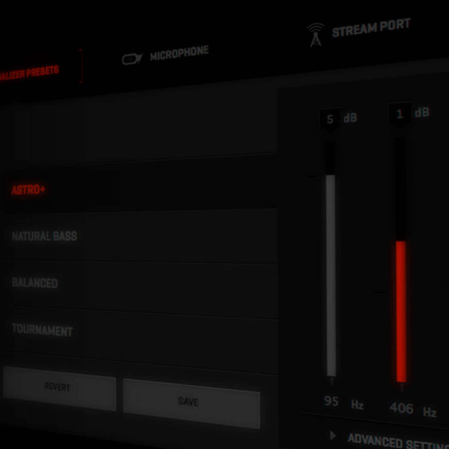 The text on the image reads: "Astro+ Natural Bass Balanced Tournament Revert Save 95 Hz 406 Hz Advanced Settings."