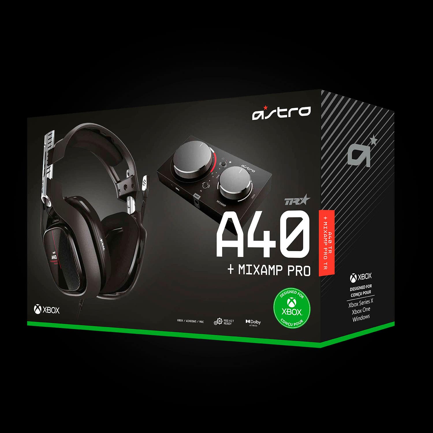 The text on the image is: "XBOX DESIGNED ASTRO A40 MIXAMP PRO TR + MIXAMP TR PRO XBOX ONE - SHODY AOR DESIGNED CONCU POUR FOR SERIES X XBOX ONE - - - S H DOLBY ATMOS WINDOWS 10 - CONCU POUR".
