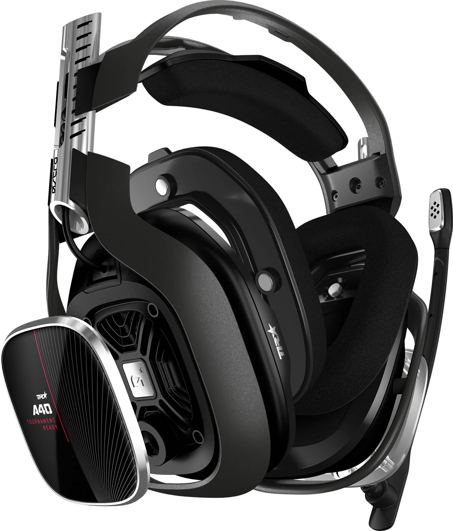The headphones in the image are a pair of A40 Tournament Ready headphones. They are black and feature a microphone and a volume control. The headphones are designed for gaming and provide a comfortable fit for the user.