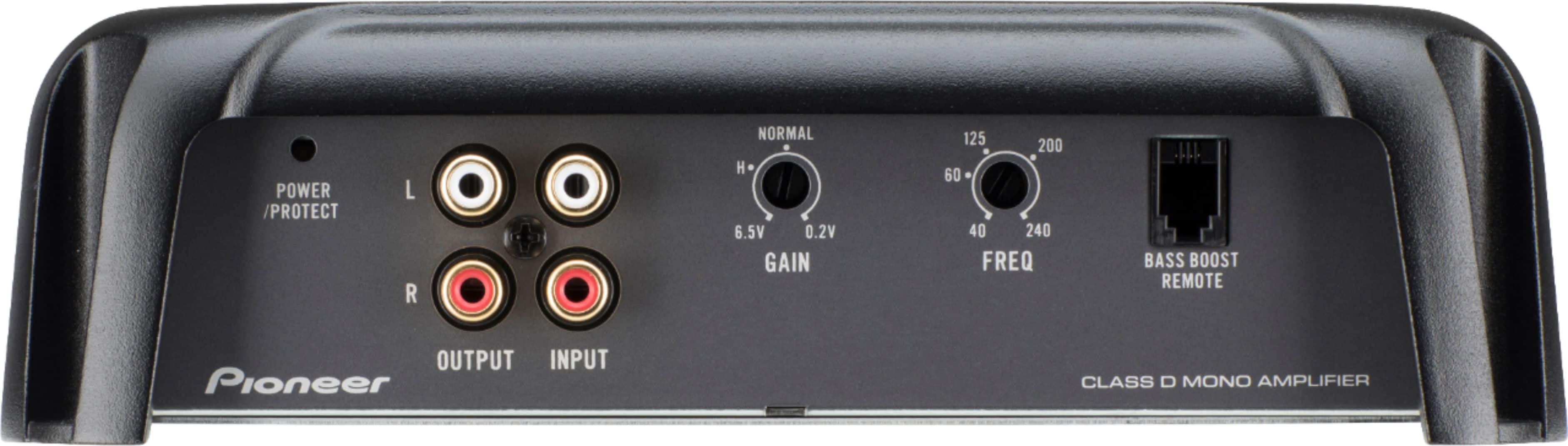Pioneer Class D Mono Amplifier. Power/Protect/L/R/Norm/H. 6.5V 0.2V Gain 125 200 60 40 240 FREQ .1... Bass Boost Remote Output Input.
