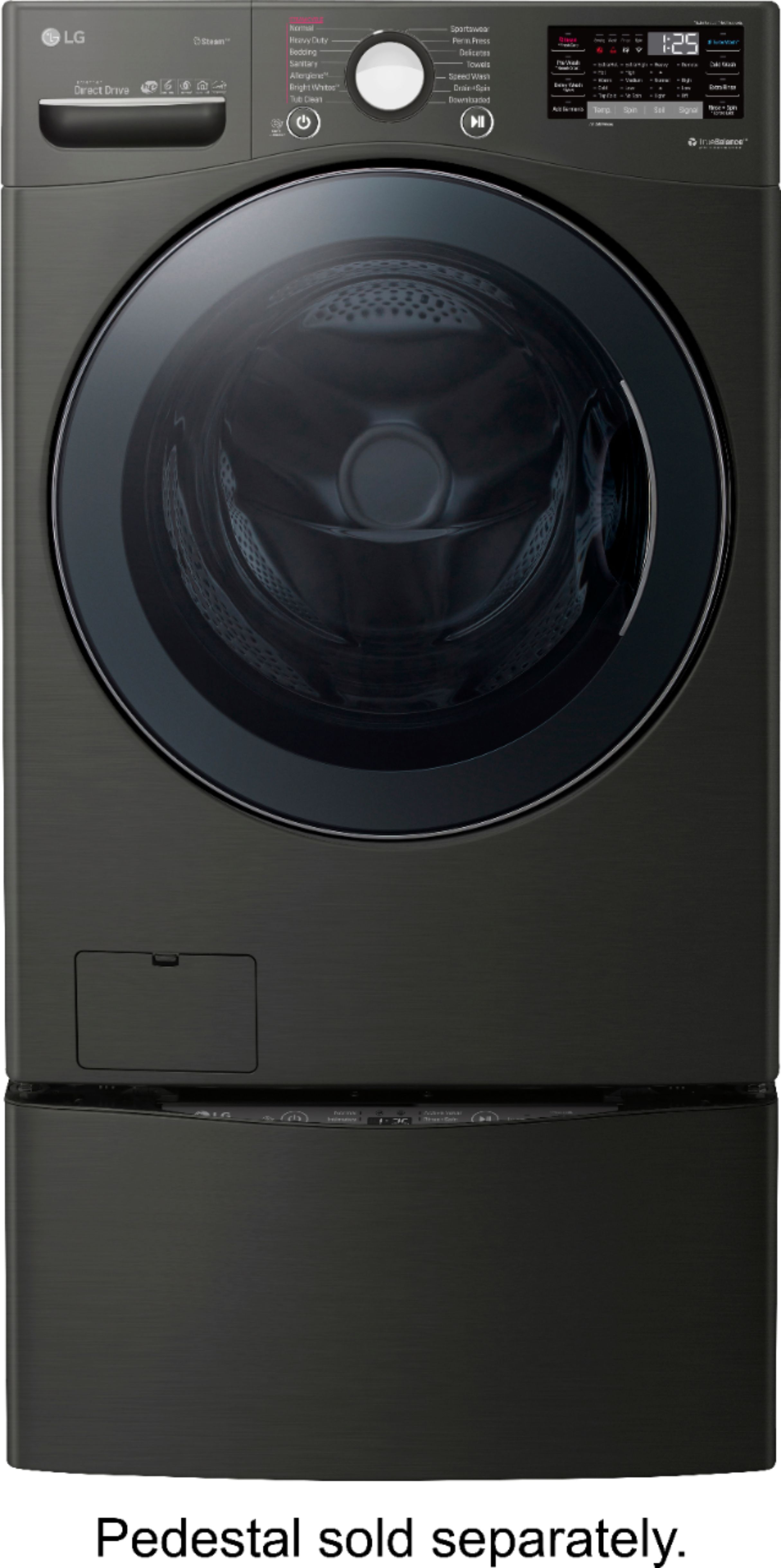 Left View: LG - 4.5 Cu. Ft. High-Efficiency Stackable Smart Front Load Washer with Steam and TurboWash 360 Technology - Black steel