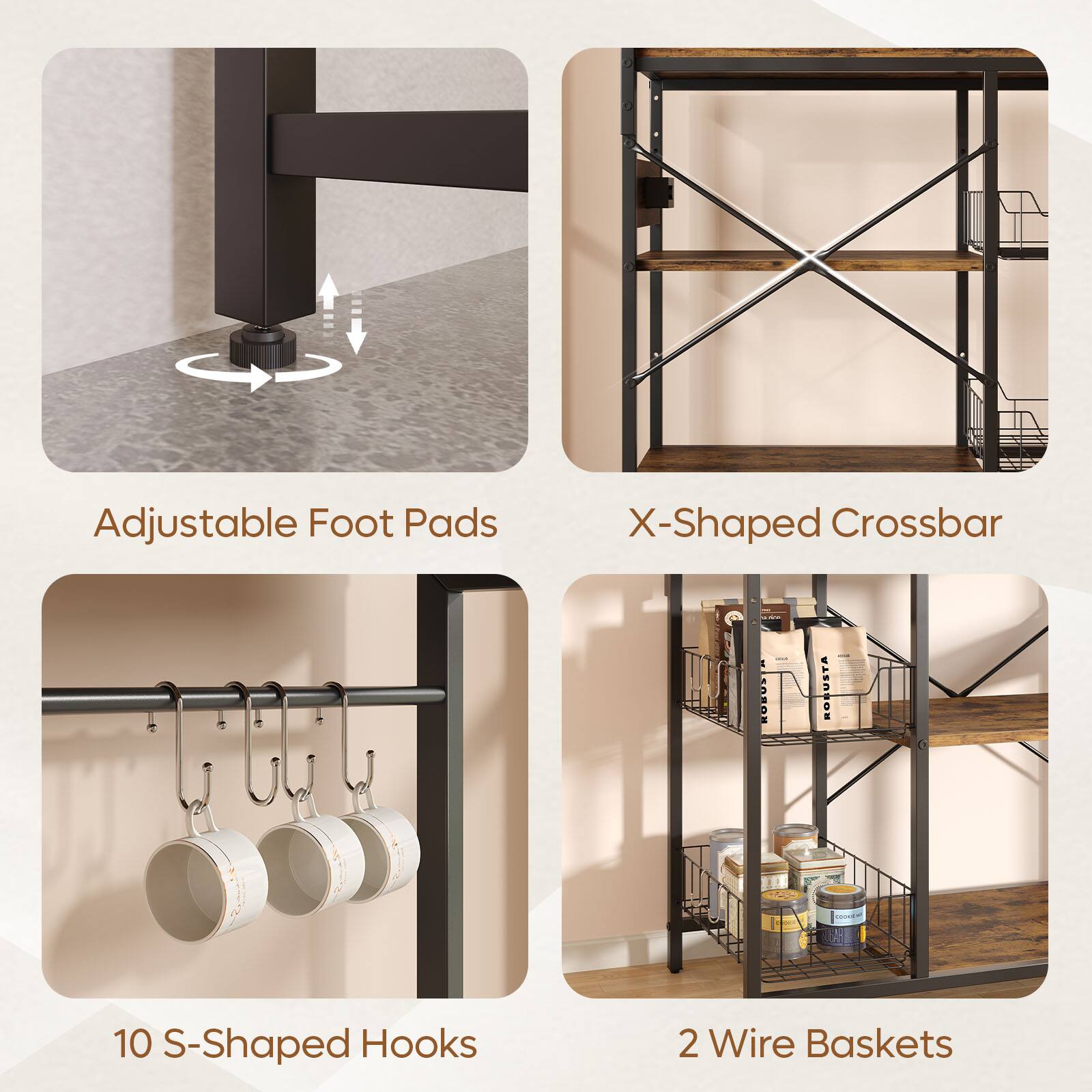 Adjustable Foot Pads  
X-Shaped Crossbar  
10 S-Shaped Hooks  
2 Wire Baskets