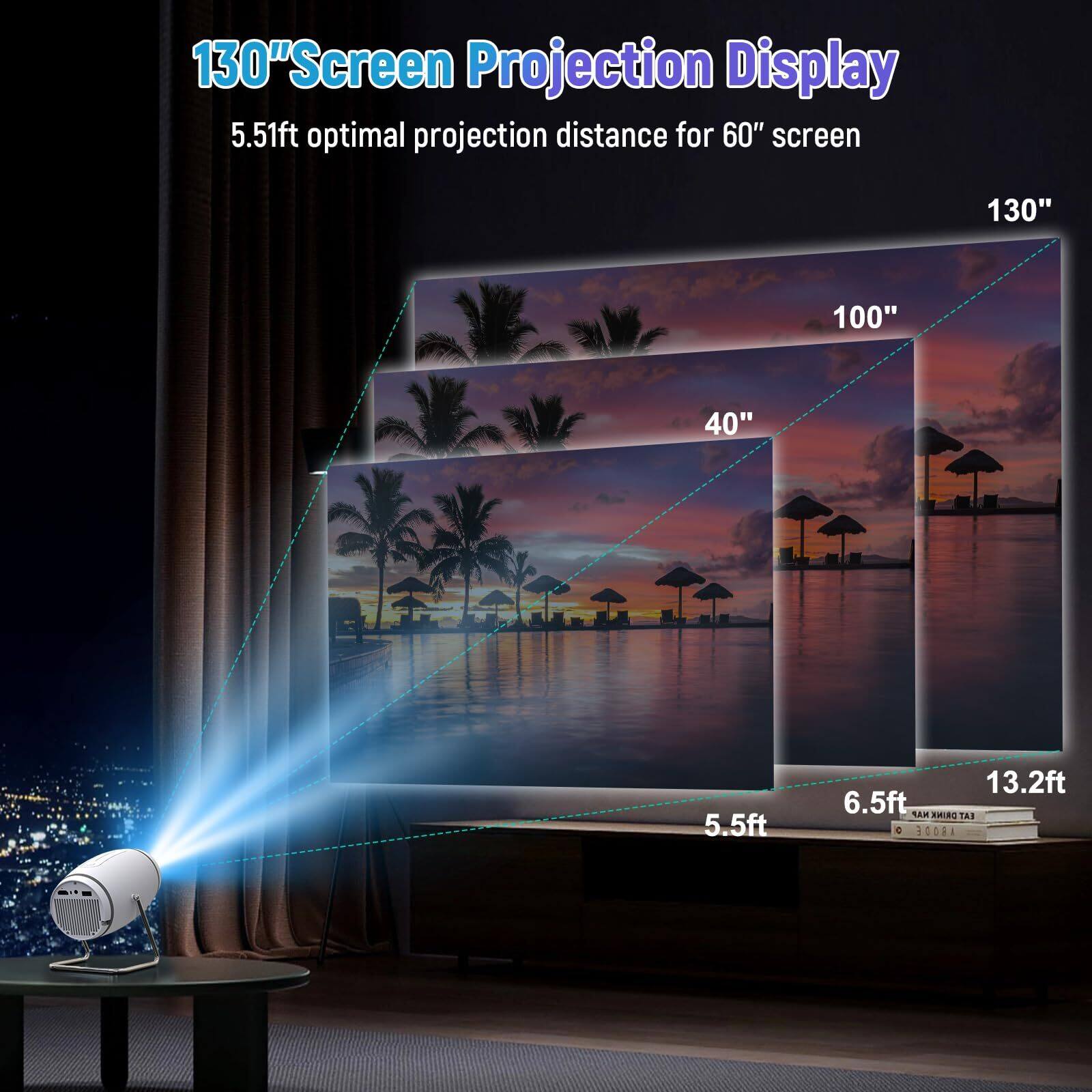 130" Screen Projection Display  
5.51ft optimal projection distance for 60" screen  
130"  
100"  
40"  
5.5ft  
6.5ft  
13.2ft  
NAP AMIC TA  
S00AA