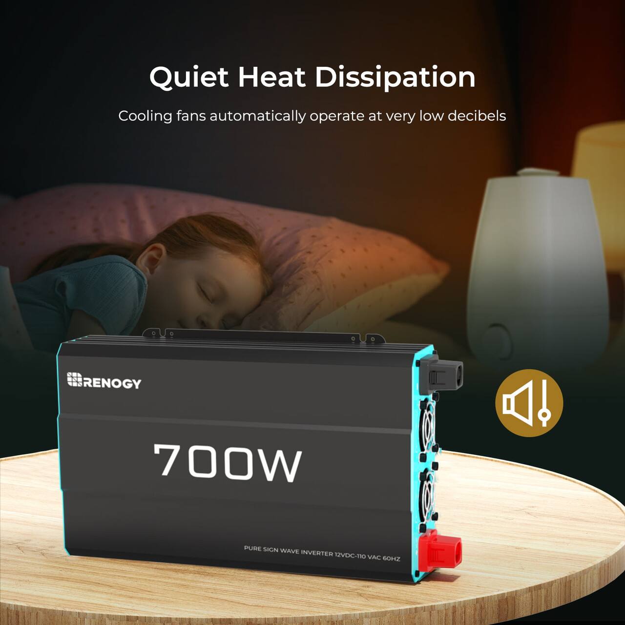 Quiet Heat Dissipation: Cooling fans automatically operate at very low decibels with the Renogy 700W inverter. The 12VDC-110VAC 60HZ pure sine wave inverter is designed for a wide range of applications.