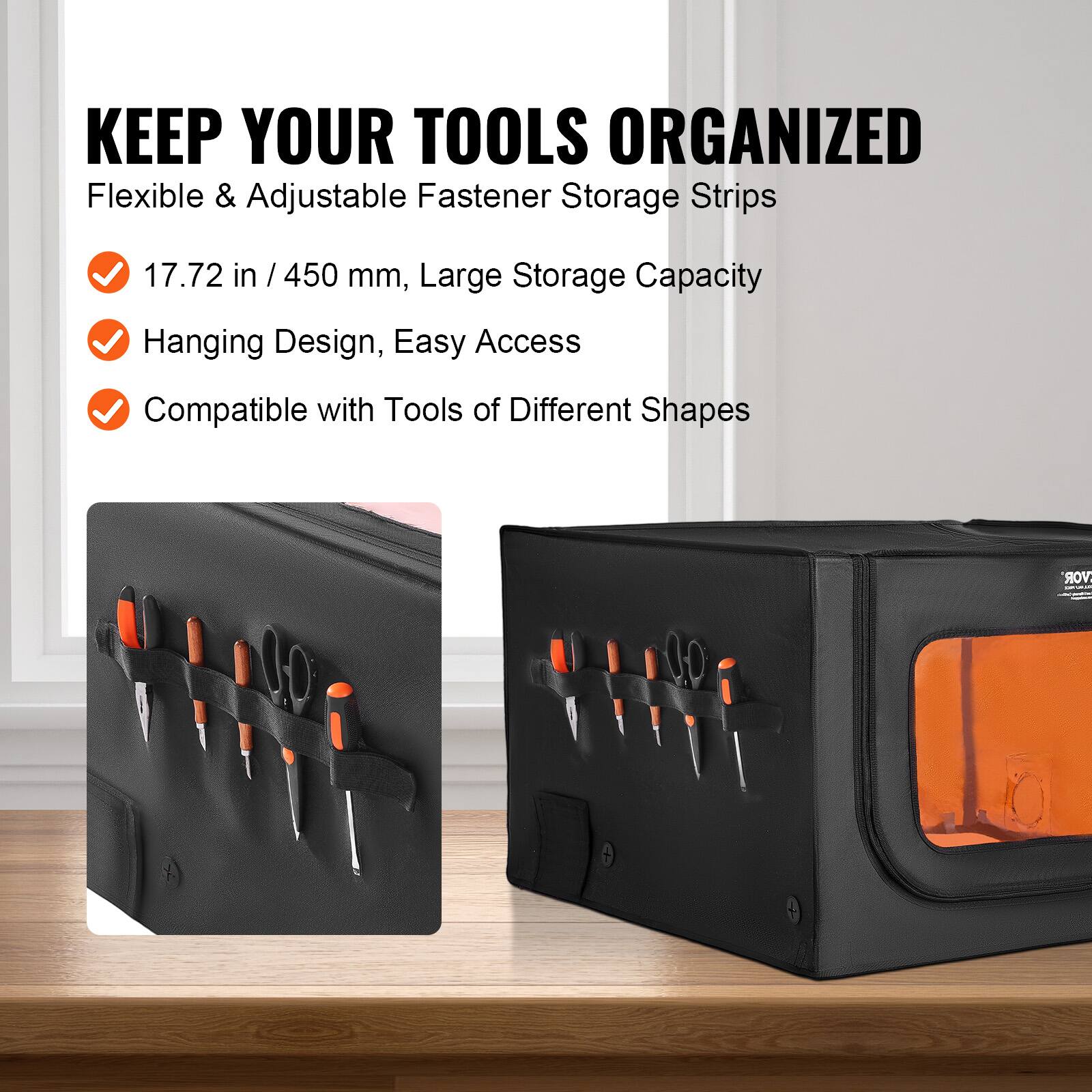 KEEP YOUR TOOLS ORGANIZED

Flexible & Adjustable Fastener Storage Strips

- 17.72 in / 450 mm, Large Storage Capacity
- Hanging Design, Easy Access
- Compatible with Tools of Different Shapes