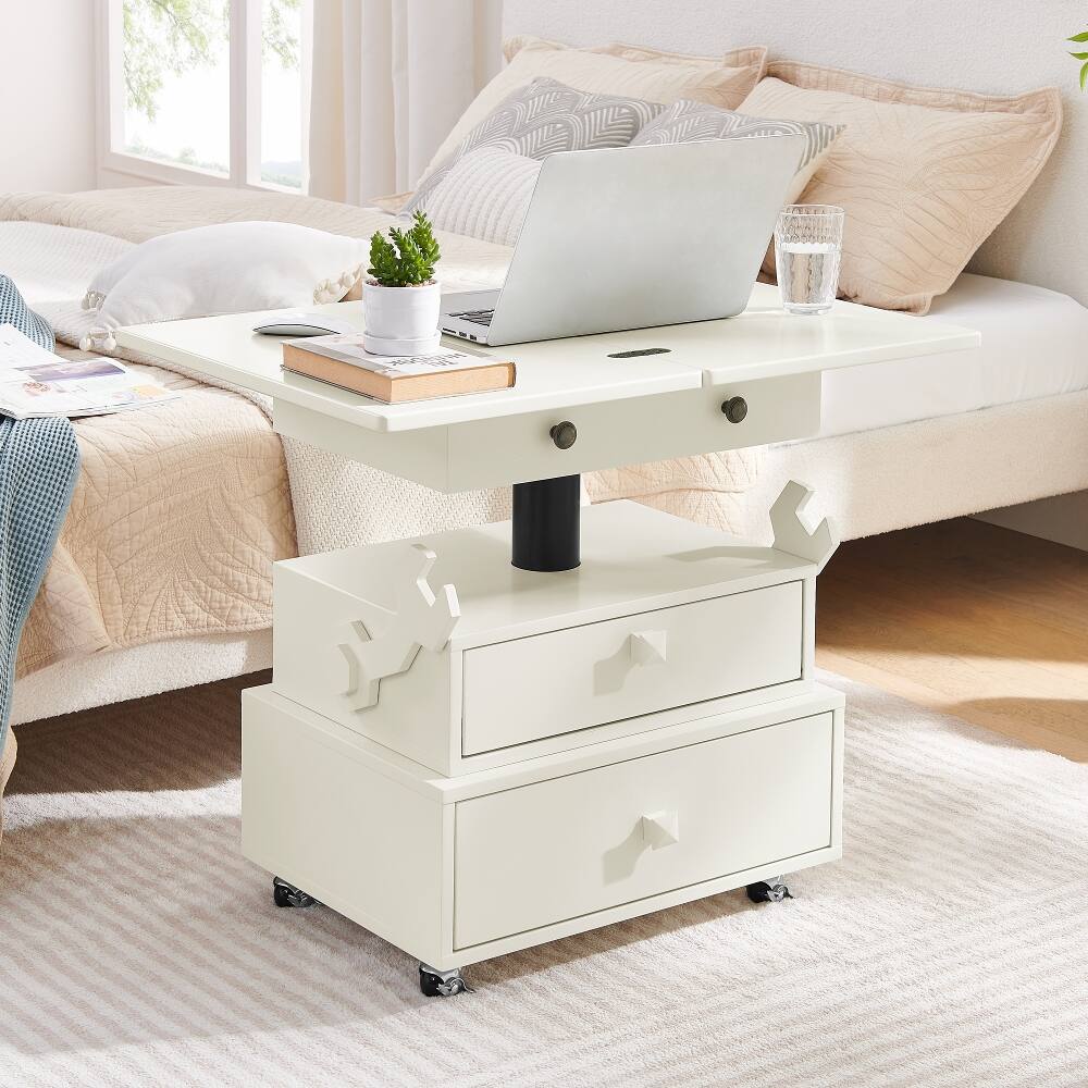 Angle. Loheer - Adjustable Height End Table Rolling Side Table with Charging Station Lift Top Multi-Functional Bedside Table White - White.
