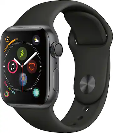 Left. Apple - Geek Squad Certified Refurbished Apple Watch Series 4 (GPS) 40mm Space Gray Aluminum Case with Black Sport Band.