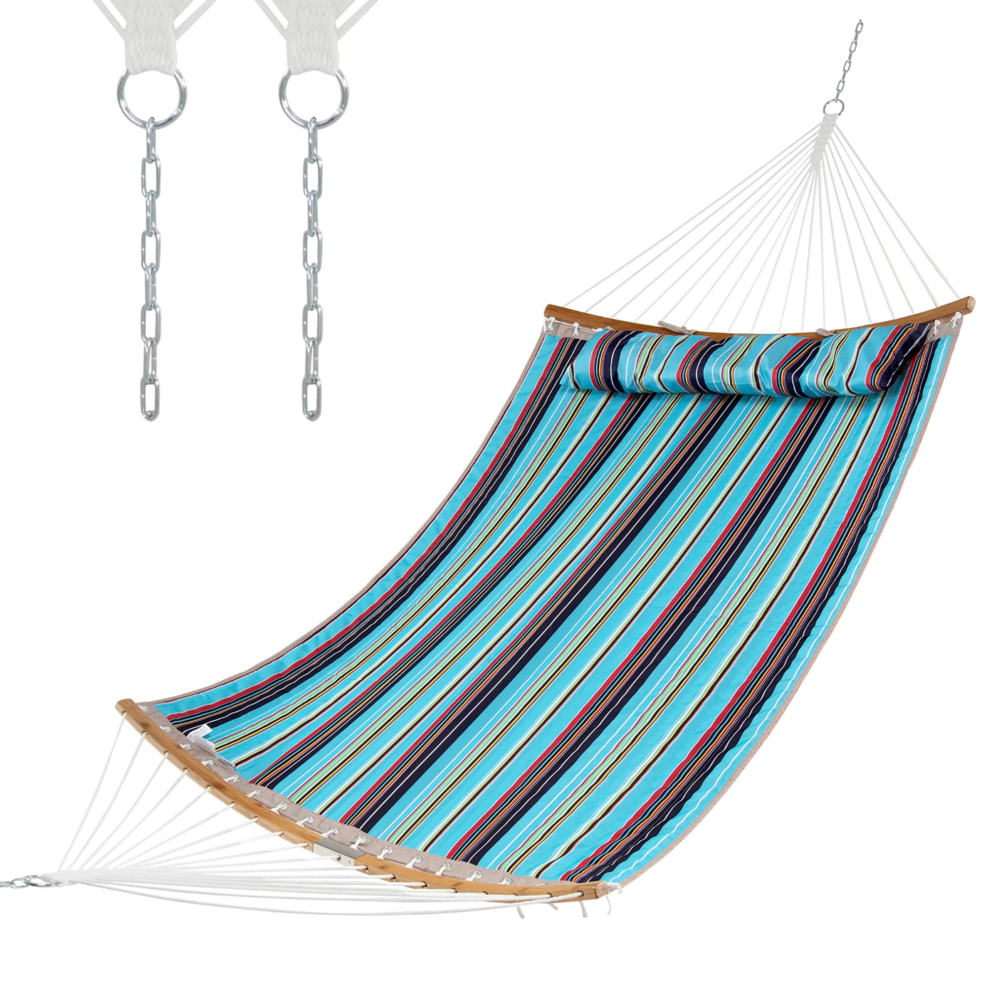Costway - Hammock w/ Pillow Curved Bamboo Spreader Bar Chain Portable Indoor Outdoor - Blue