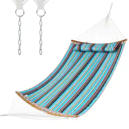 Costway - Hammock w/ Pillow Curved Bamboo Spreader Bar Chain Portable Indoor Outdoor - Blue