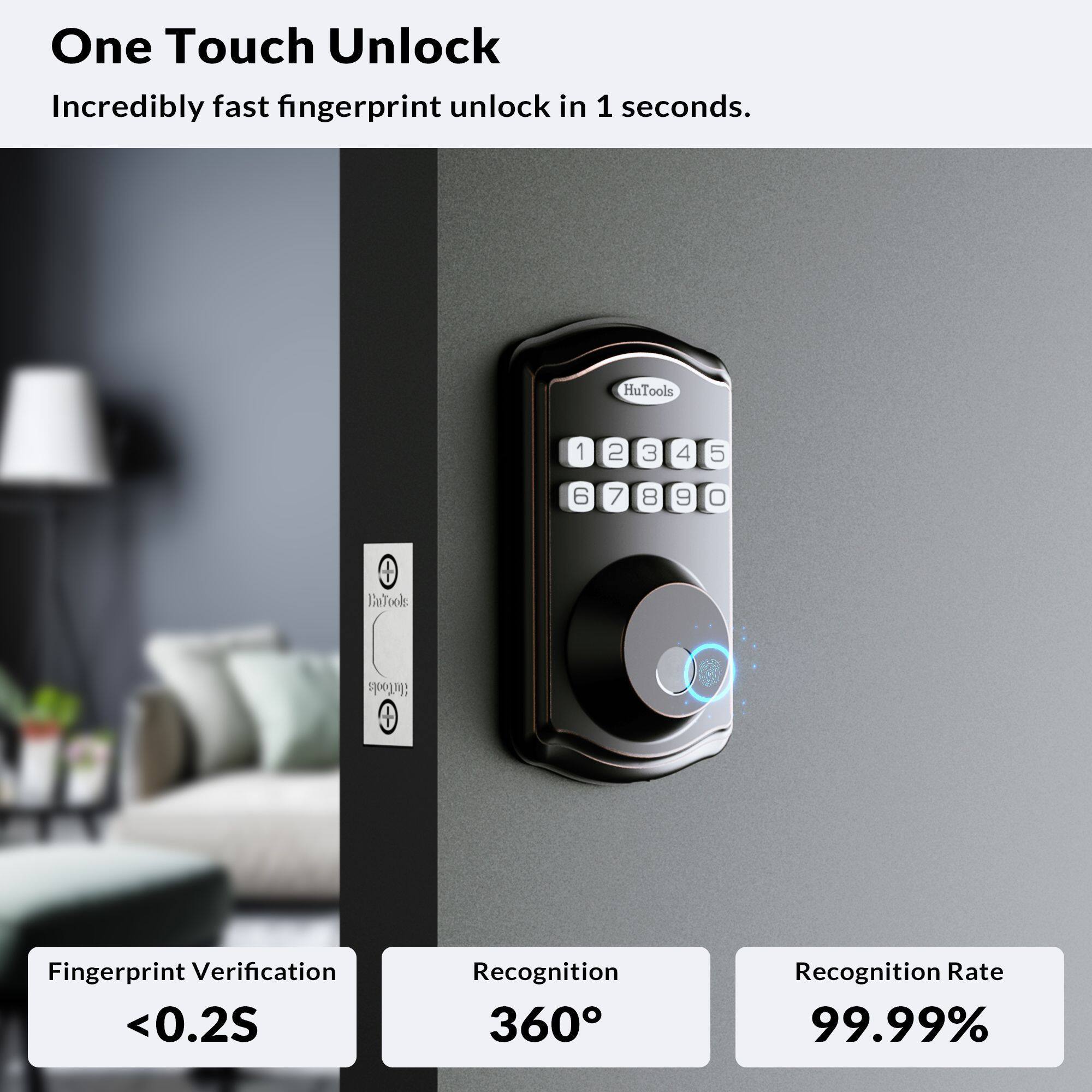 One Touch Unlock  
Incredibly fast fingerprint unlock in 1 seconds.

Fingerprint Verification  
<0.2S

Recognition  
360°

Recognition Rate  
99.99%