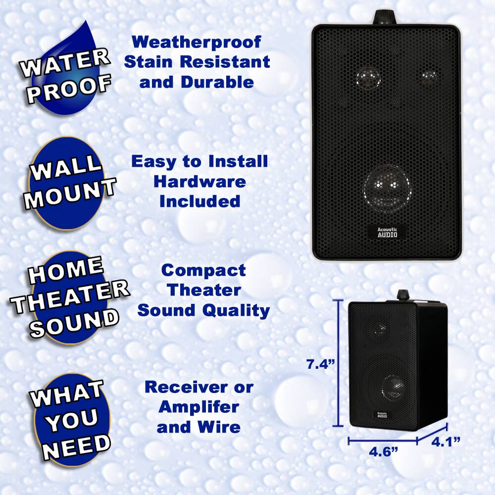 - **WATER PROOF**
  - Weatherproof
  - Stain Resistant
  - Durable

- **WALL MOUNT**
  - Easy to Install
  - Hardware Included

- **HOME THEATER SOUND**
  - Compact Theater
  - Sound Quality

- **WHAT YOU NEED**
  - Receiver or Amplifier
  - and Wire

- **Dimensions**
  - 7.4" (height)
  - 4.6" (width)
  - 4.1" (depth)