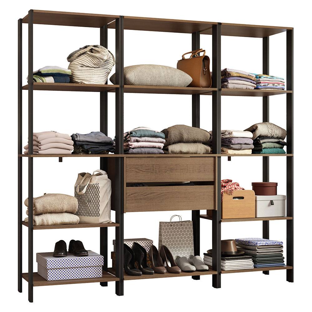 Angle. Madesa - Madesa Wardrobe Clothes Storage Rack with 2 Drawers and Open Shelves 74"L - Black/Brown - Rustic/Black.