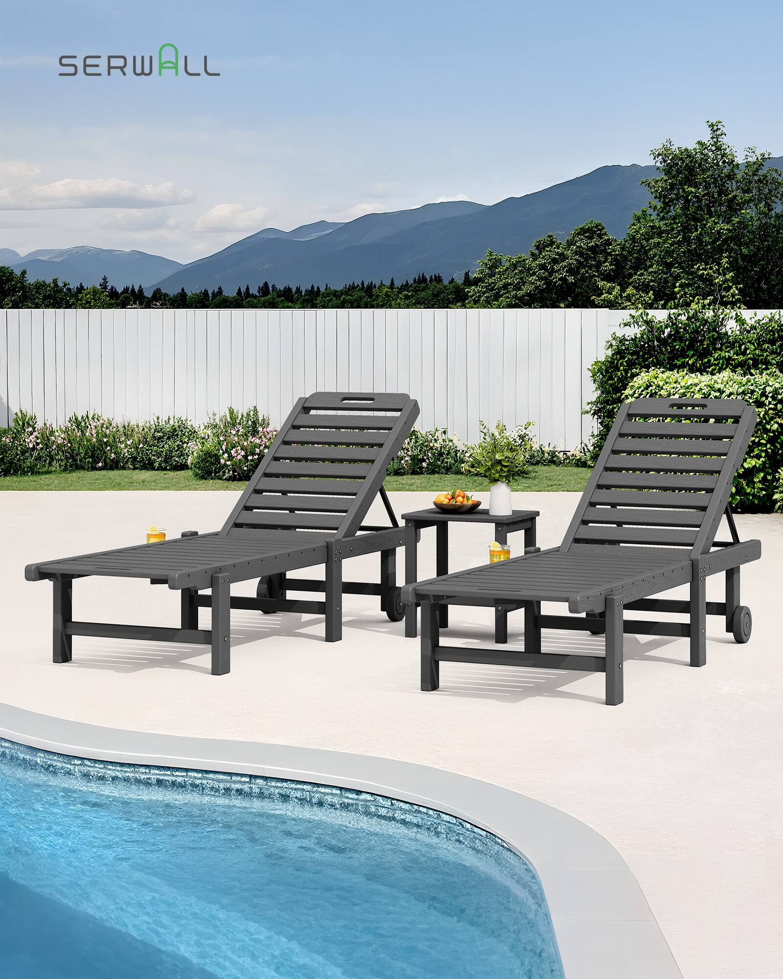 Alt View 6. SERWALL - SERWALL Outdoor Armless Chaise Lounge Chairs Set of 2 with Cupholder and Wheels, Grey - Grey.