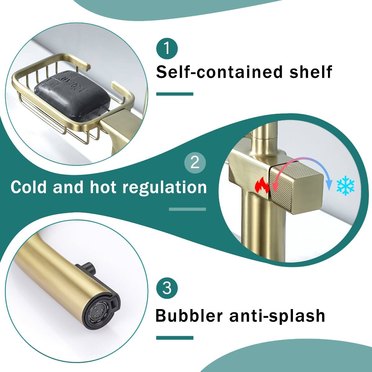 1. Self-contained shelf
2. Cold and hot regulation
3. Bubbler anti-splash