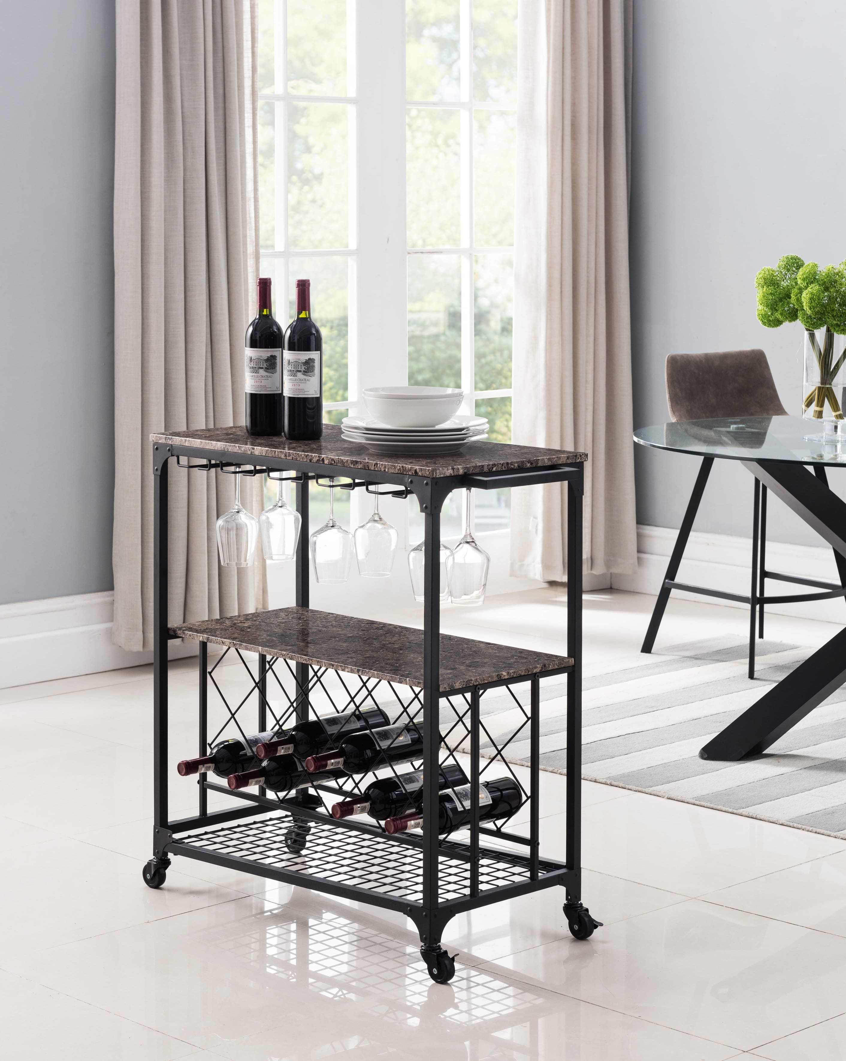 Kings Brand Furniture - Antonia Kitchen Serving Cart Bar Buffet with Wine Rack & Glass Holder - Black price history on PriceWatchPro