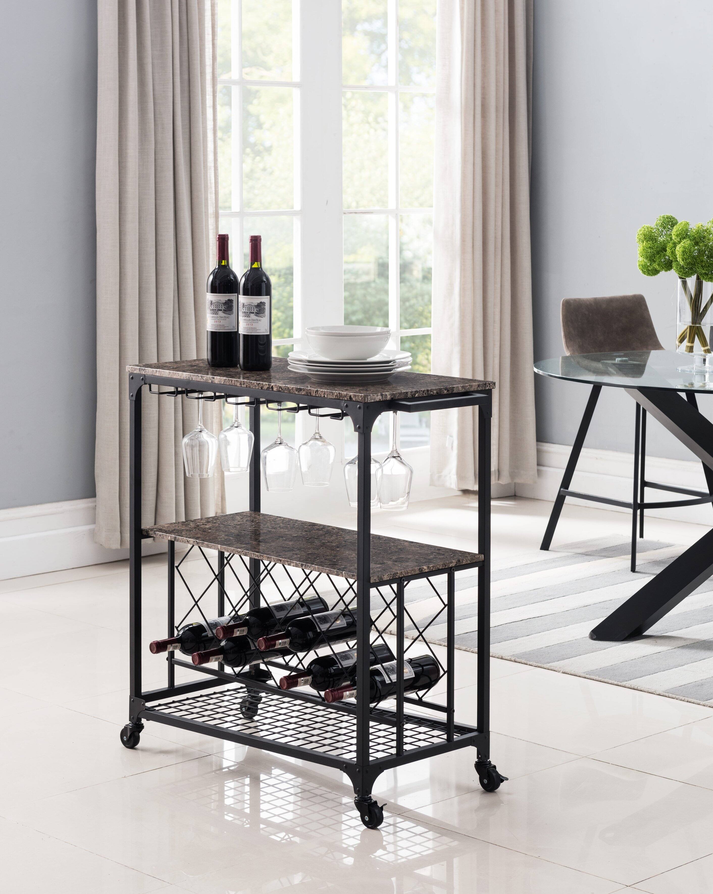 Front. Kings Brand Furniture - Kings Brand Furniture - Antonia Kitchen Serving Cart Bar Buffet with Wine Rack & Glass Holder - Black.
