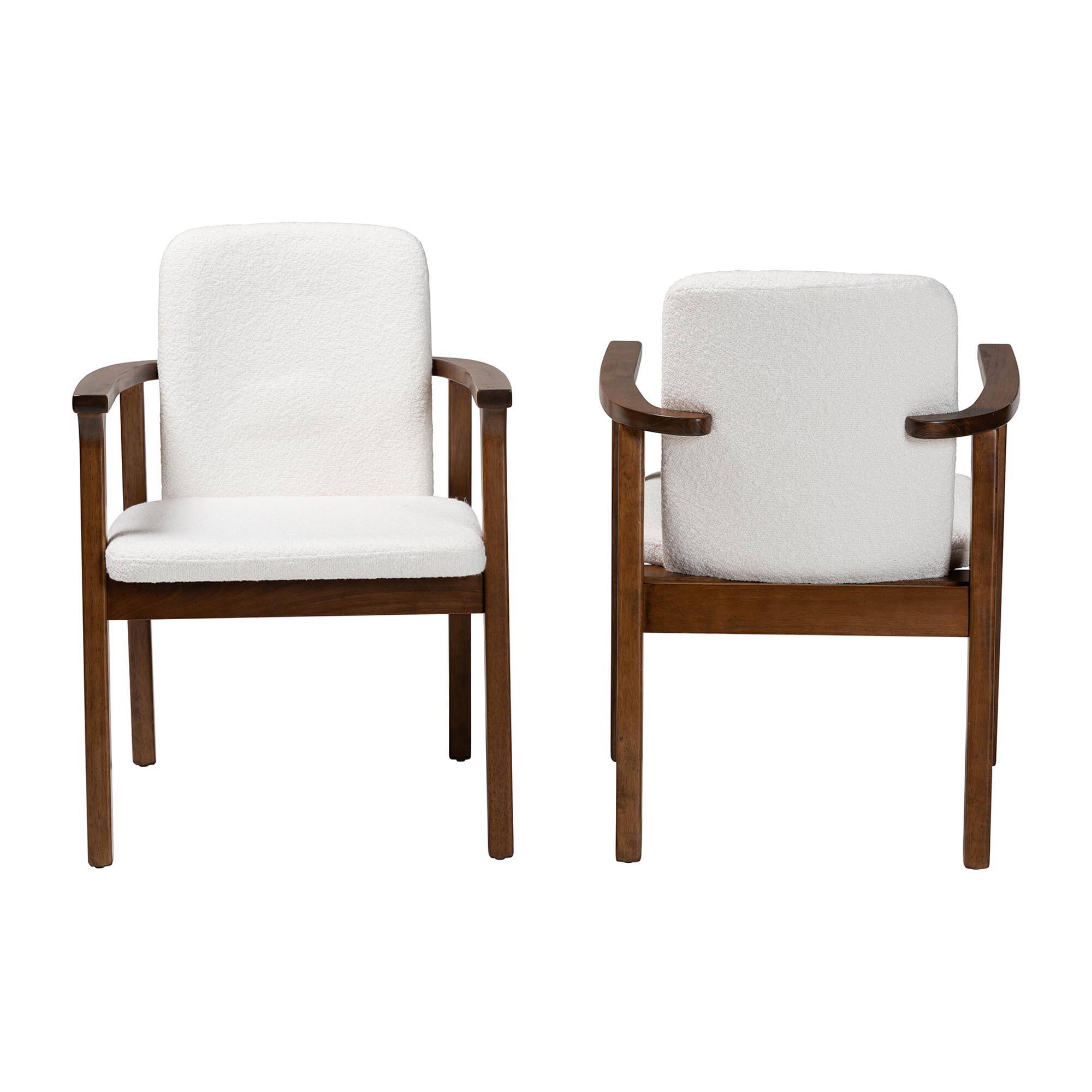 Angle. Baxton Studio - Miyagi Boucle Upholstered Dining Chair Set of 2- Mid-Century Modern Armchair with Solid Wood Frame and Rounded Backrest - White/Walnut Brown.
