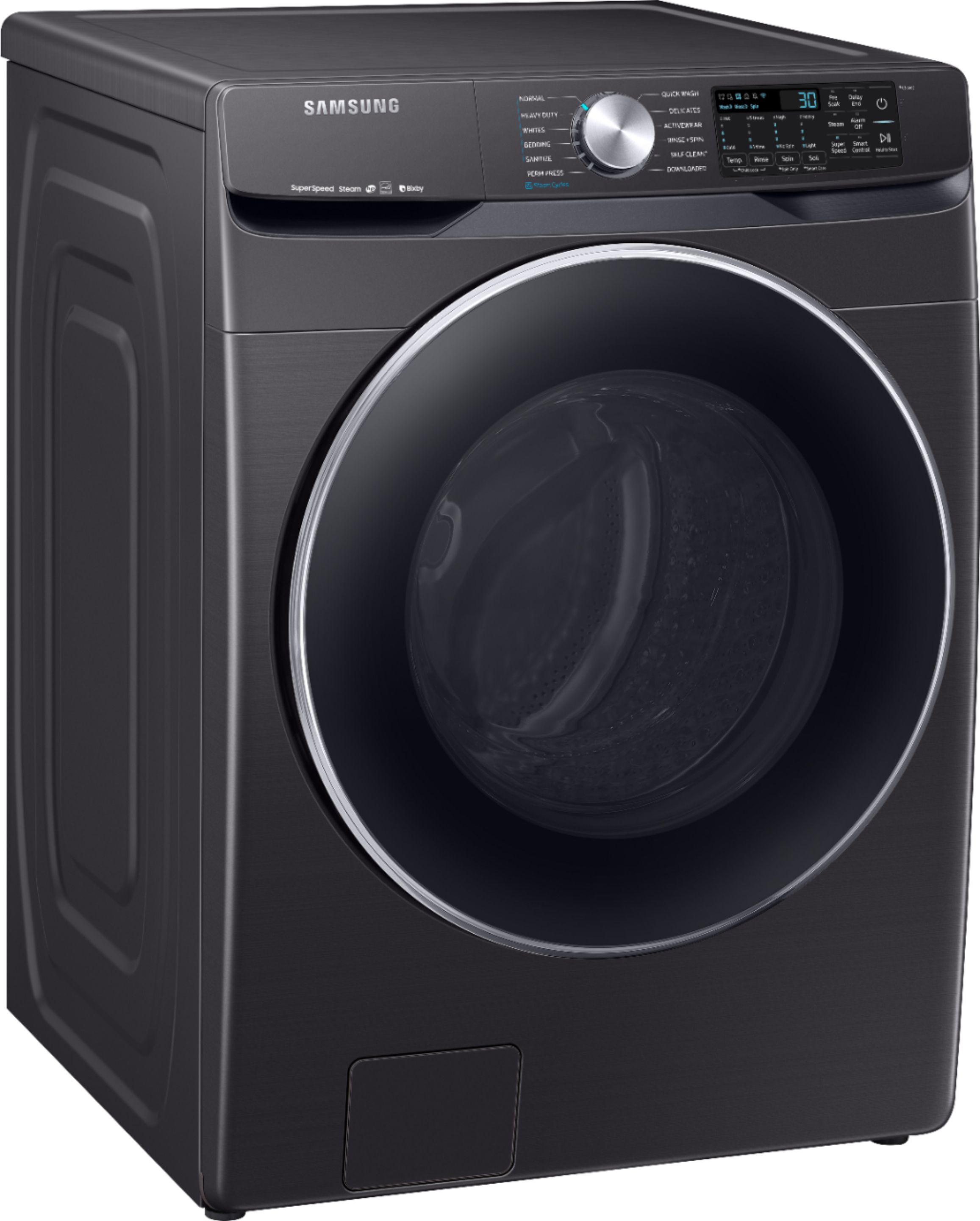 Angle View: Samsung - 4.5 Cu. Ft. High Efficiency Stackable Smart Front Load Washer with Steam and Super Speed - Black stainless steel