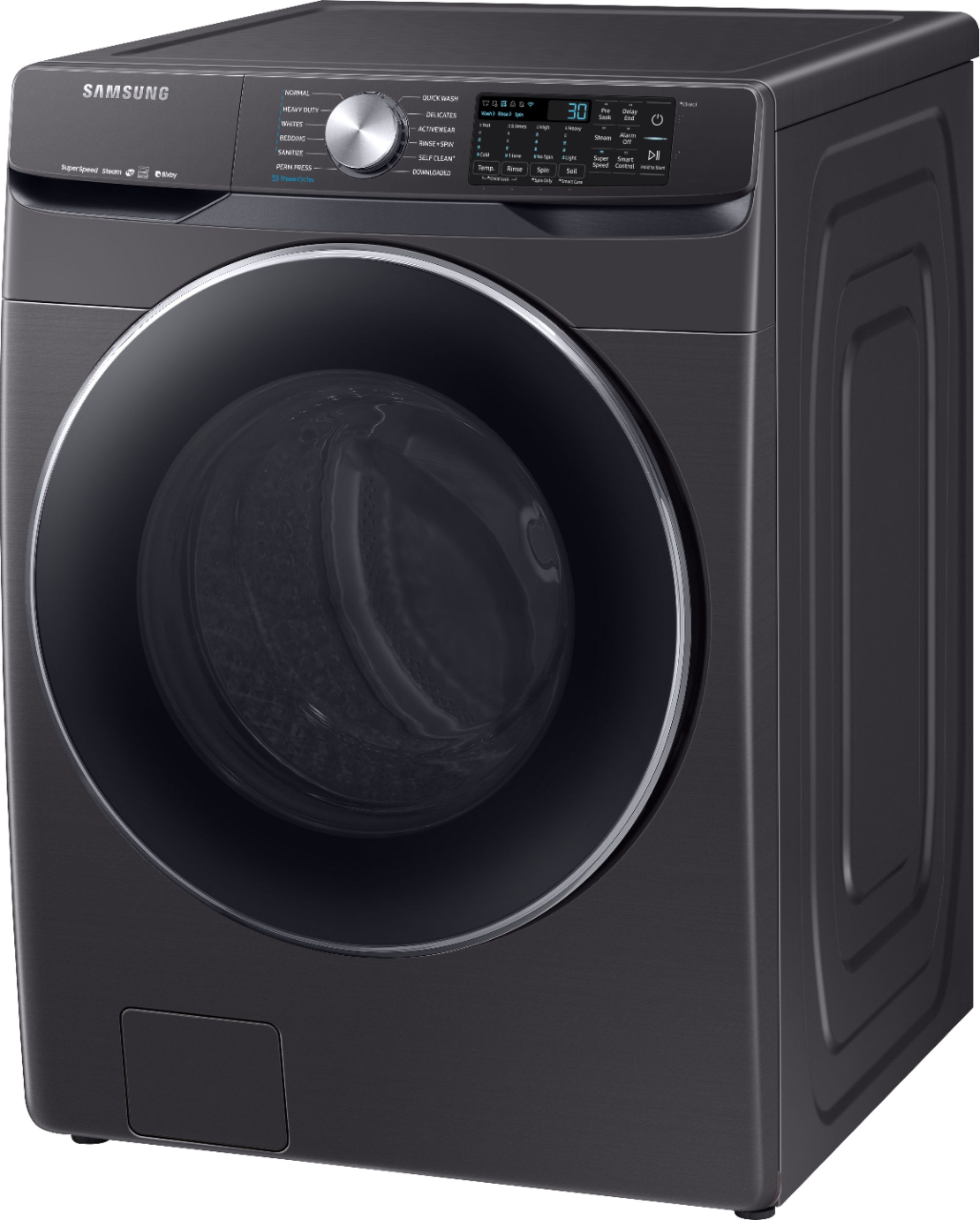 Left View: Samsung - 4.5 Cu. Ft. High Efficiency Stackable Smart Front Load Washer with Steam and Super Speed - Black stainless steel