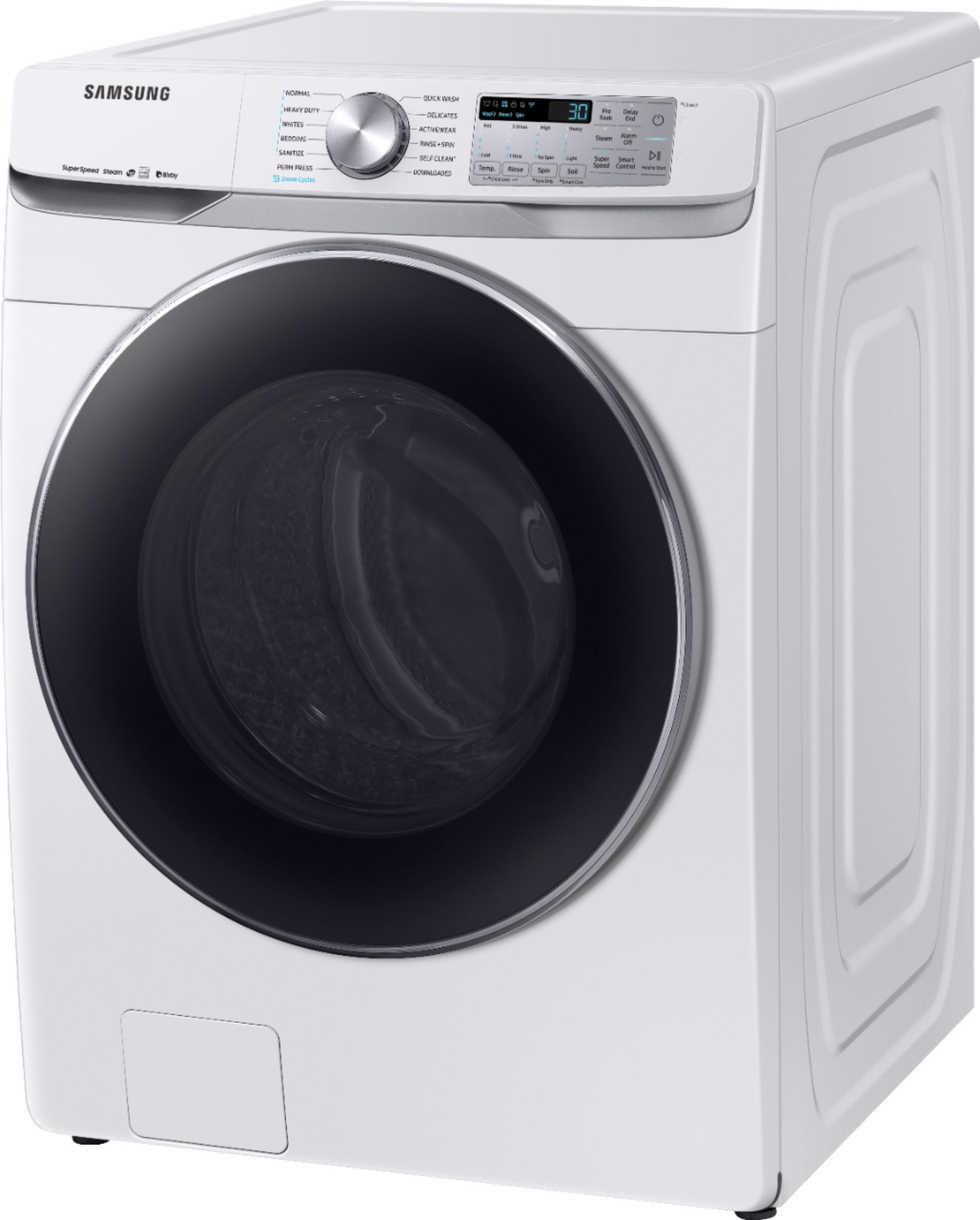 Left View: Samsung - 4.5 Cu. Ft. High Efficiency Stackable Smart Front Load Washer with Steam and Super Speed - White