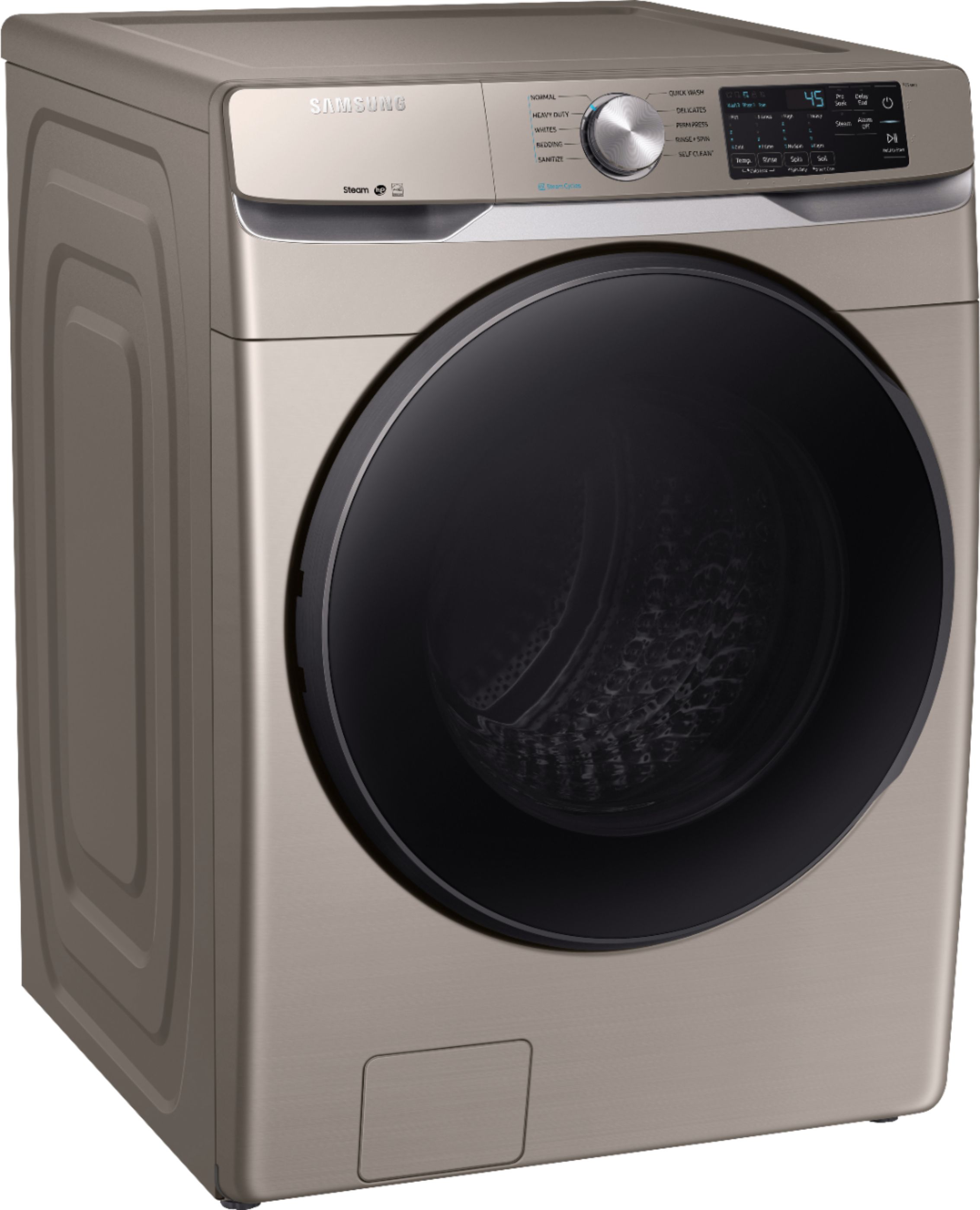 Angle View: Samsung - 4.5 Cu. Ft. High-Efficiency Stackable Front Load Washer with Steam and Self Clean+ - Champagne