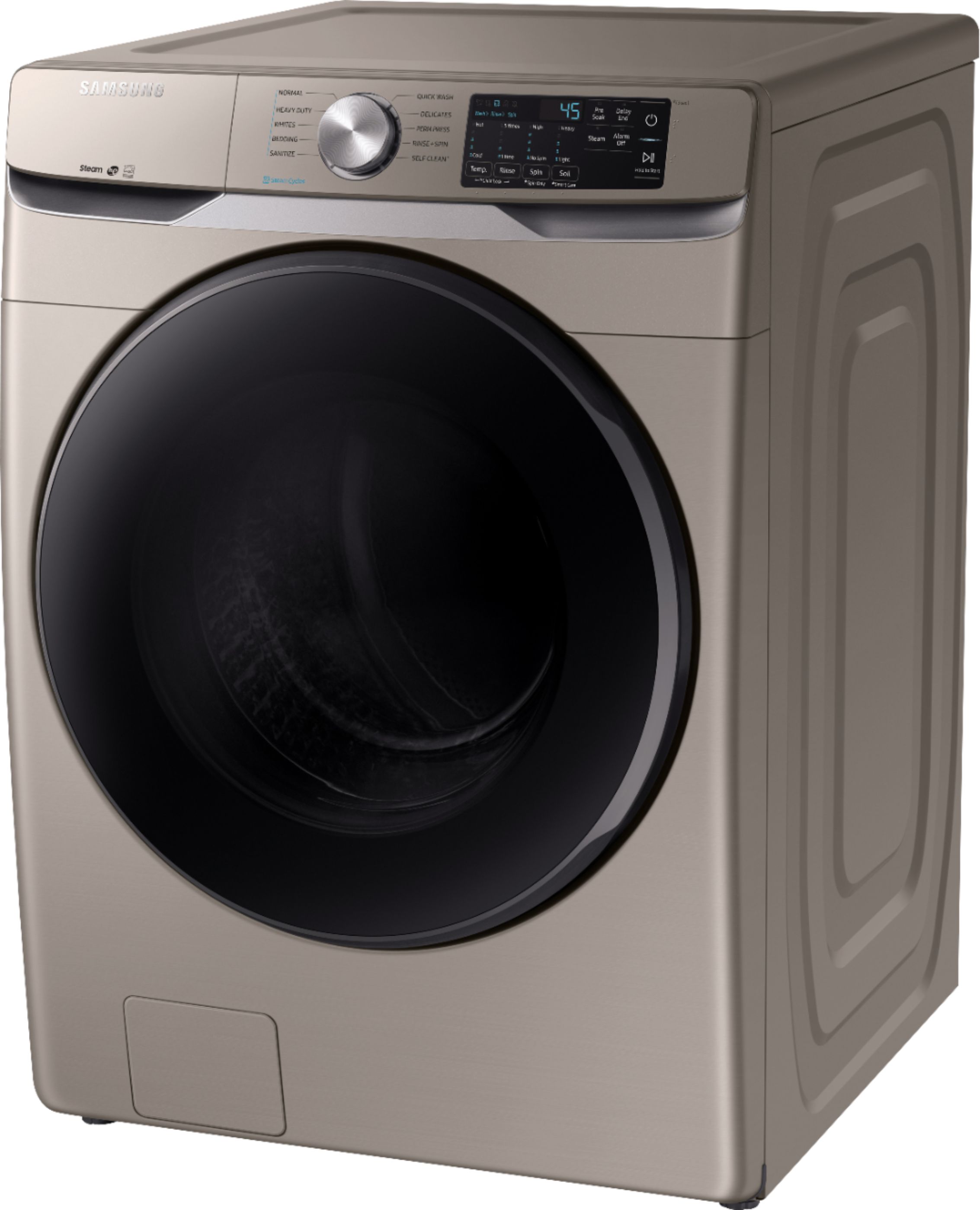 Left View: Samsung - 4.5 Cu. Ft. High-Efficiency Stackable Front Load Washer with Steam and Self Clean+ - Champagne