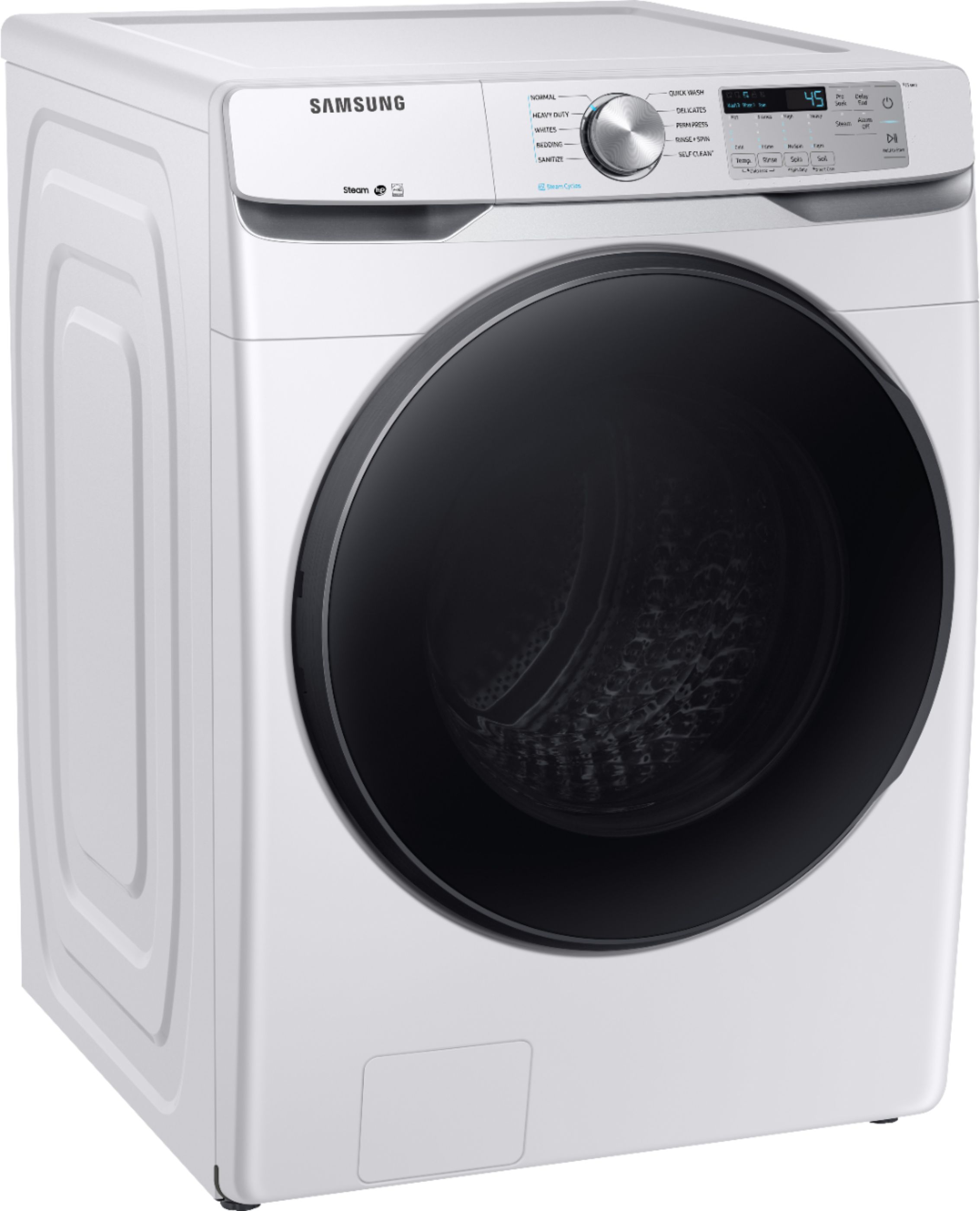 Angle View: Samsung - 4.5 Cu. Ft. High-Efficiency Stackable Front Load Washer with Steam and Self Clean+ - White