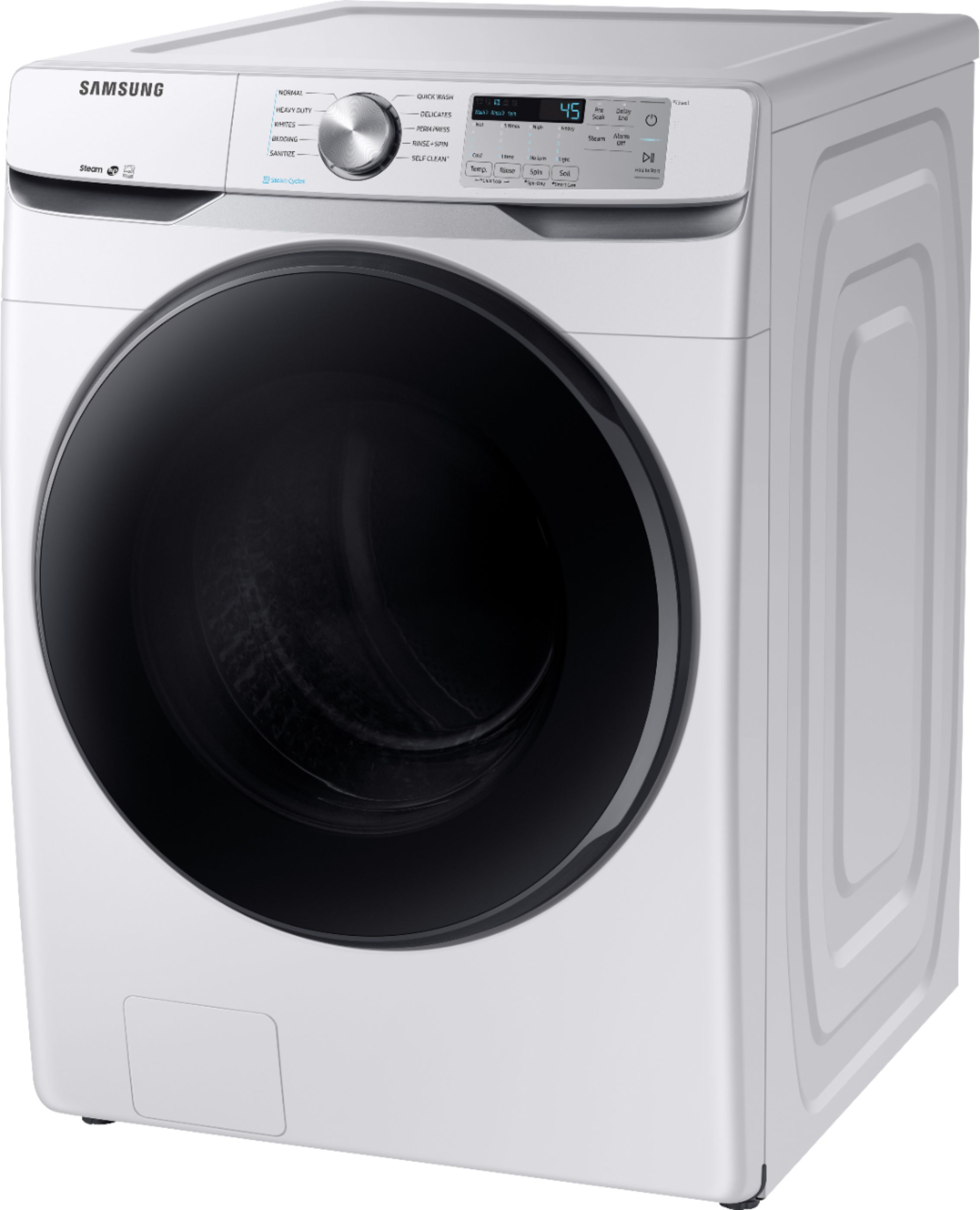 Left View: Samsung - 4.5 Cu. Ft. High-Efficiency Stackable Front Load Washer with Steam and Self Clean+ - White