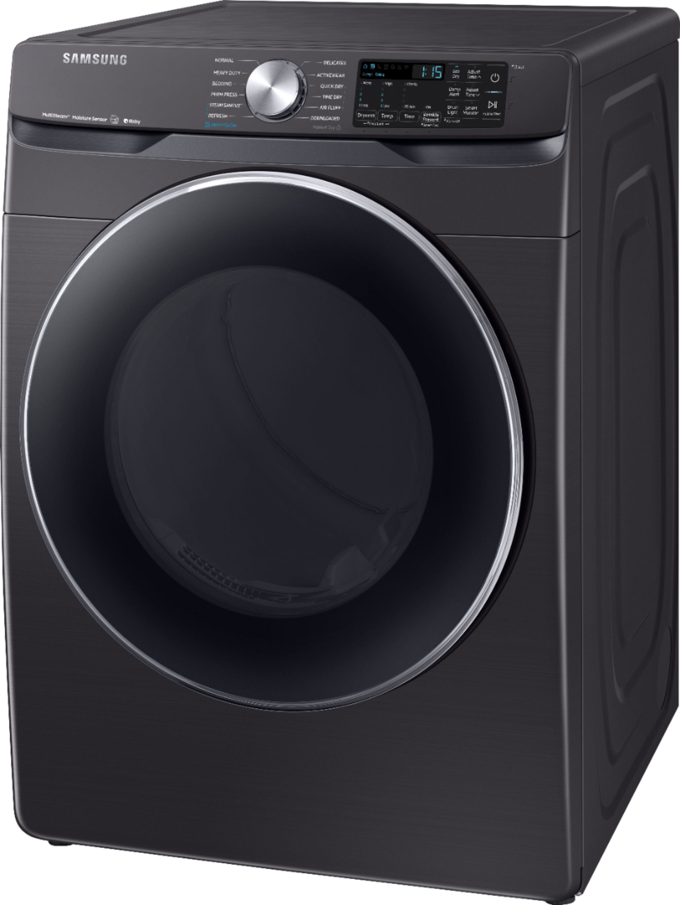 Left View: Samsung - 7.5 Cu. Ft. Stackable Smart Electric Dryer with Steam Sanitize+ and Sensor Dry - Black stainless steel