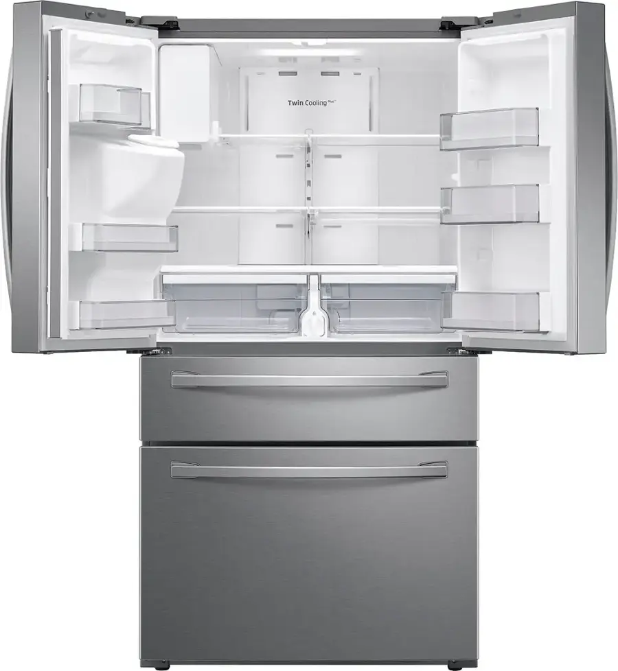 The image features a large, metallic refrigerator with a clean, empty interior. It is a full-size refrigerator with a freezer on the bottom, and it has a total of 12 shelves for storage. The refrigerator is currently empty, with no food or items visible inside.