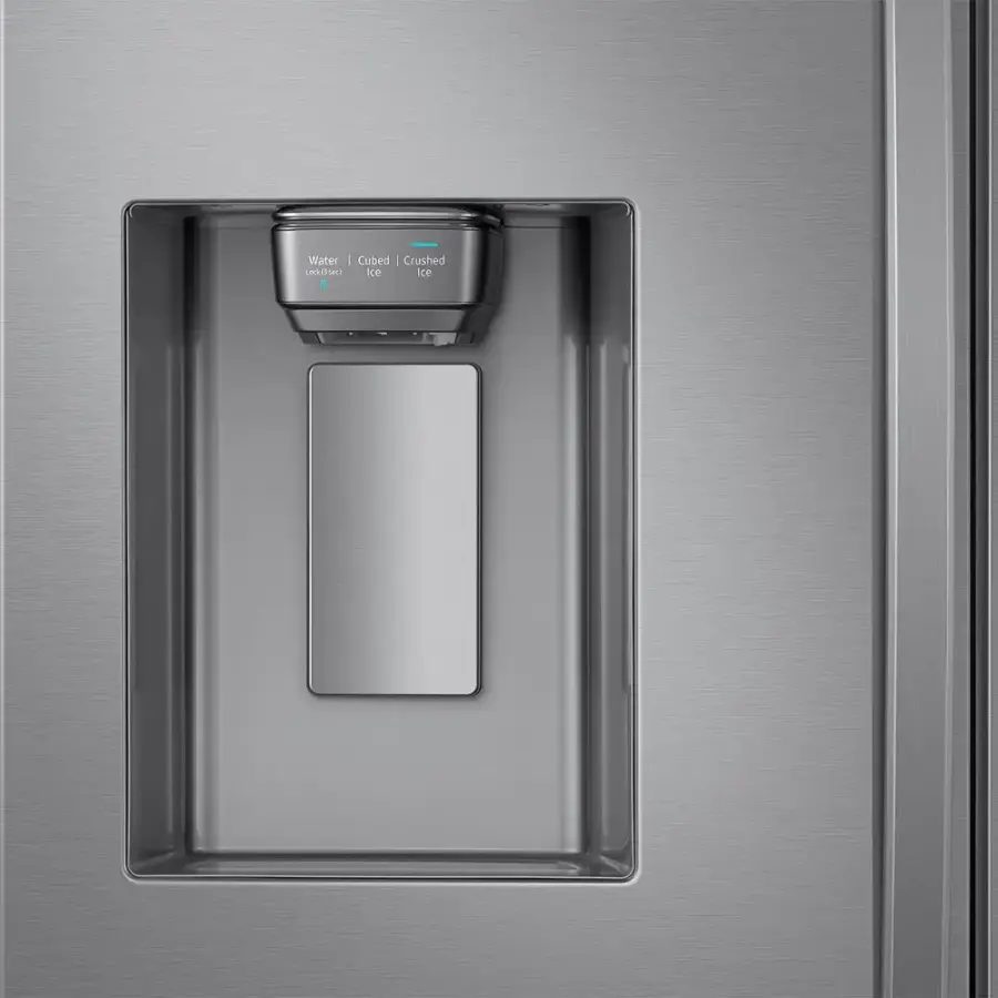 The image features a stainless steel ice dispenser with a water dispenser on top of it. The dispenser is built into the wall and has a silver finish. The water dispenser is located above the ice dispenser, and both are part of a refrigerator.