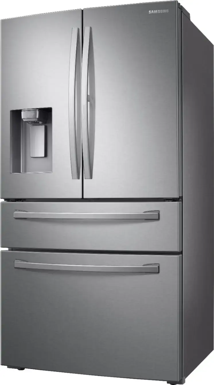The image features a full-size refrigerator with a FlexZone drawer that has four temperature settings. The refrigerator is stocked with various food items, including apples, oranges, sandwiches, and milk. The apples are placed in the upper section of the refrigerator, while the oranges are located in the middle section. The sandwiches are placed in the lower section, and the milk is stored in the refrigerator's door compartments. The refrigerator is organized and well-stocked, showcasing the versatility of the FlexZone drawer.