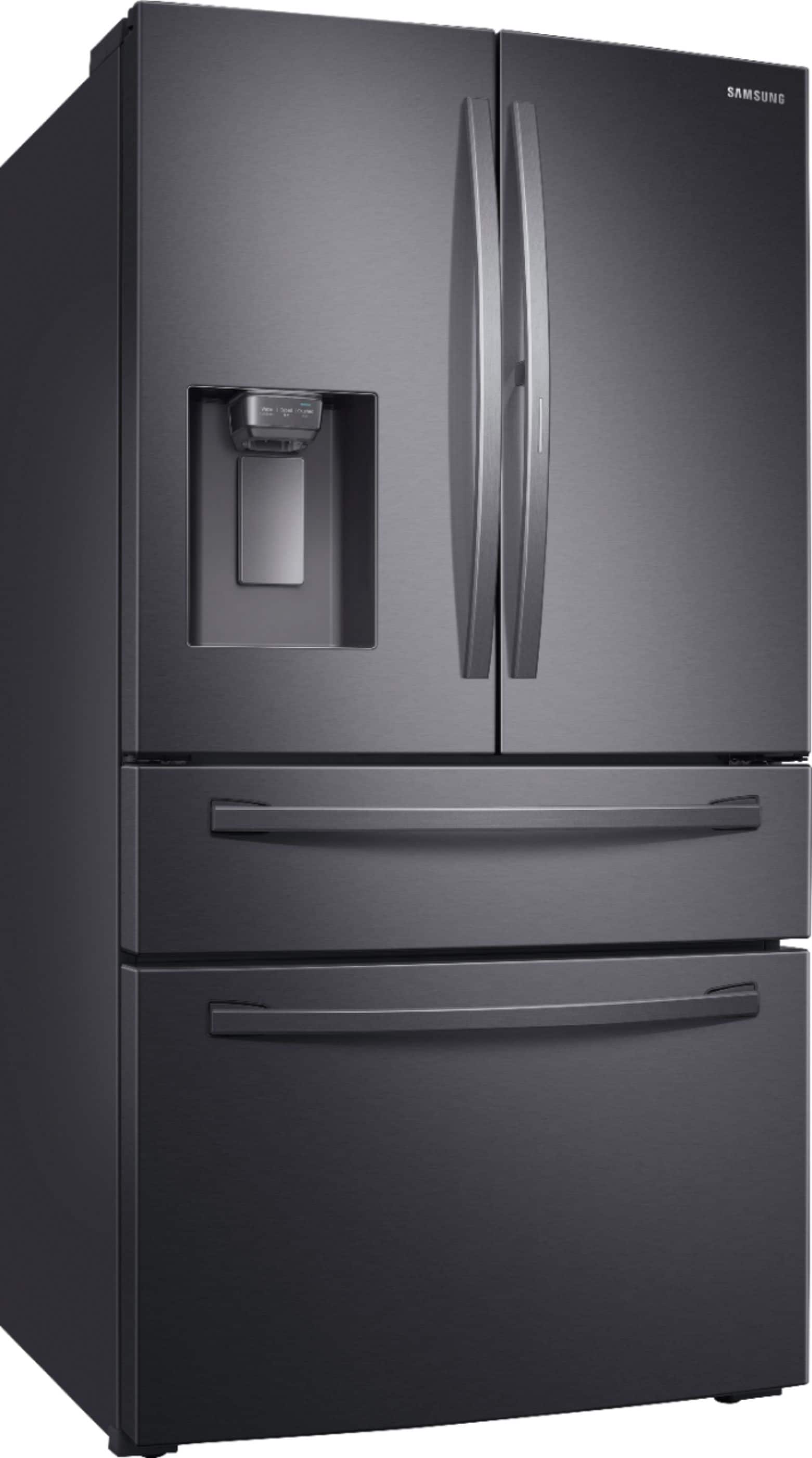 Angle. Samsung - 27.8 cu. ft. 4-Door French Door Smart Refrigerator with Food Showcase - Black Stainless Steel.