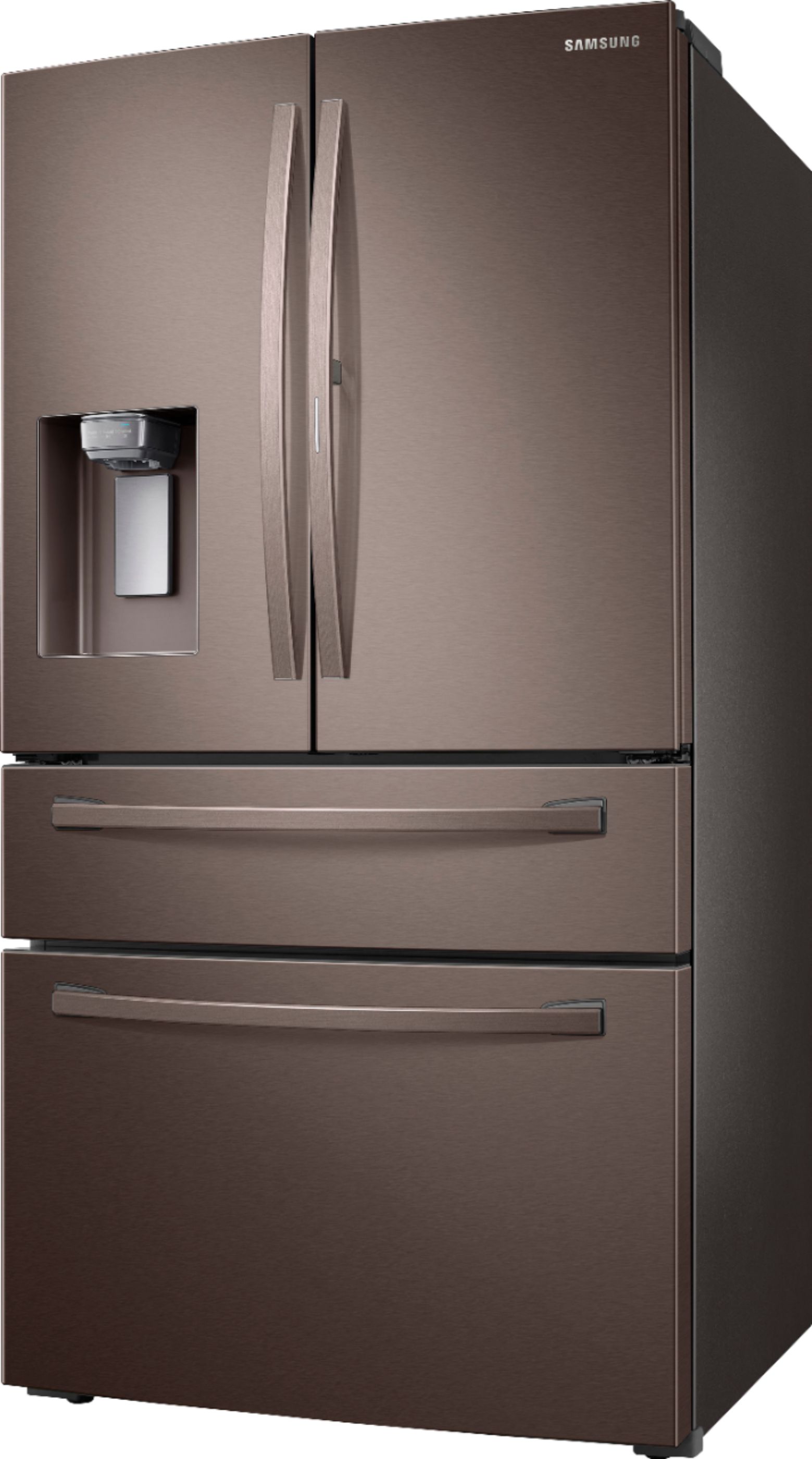 Left View: Samsung - 27.8 Cu. Ft. 4-Door French Door Refrigerator with Food Showcase - Tuscan stainless steel