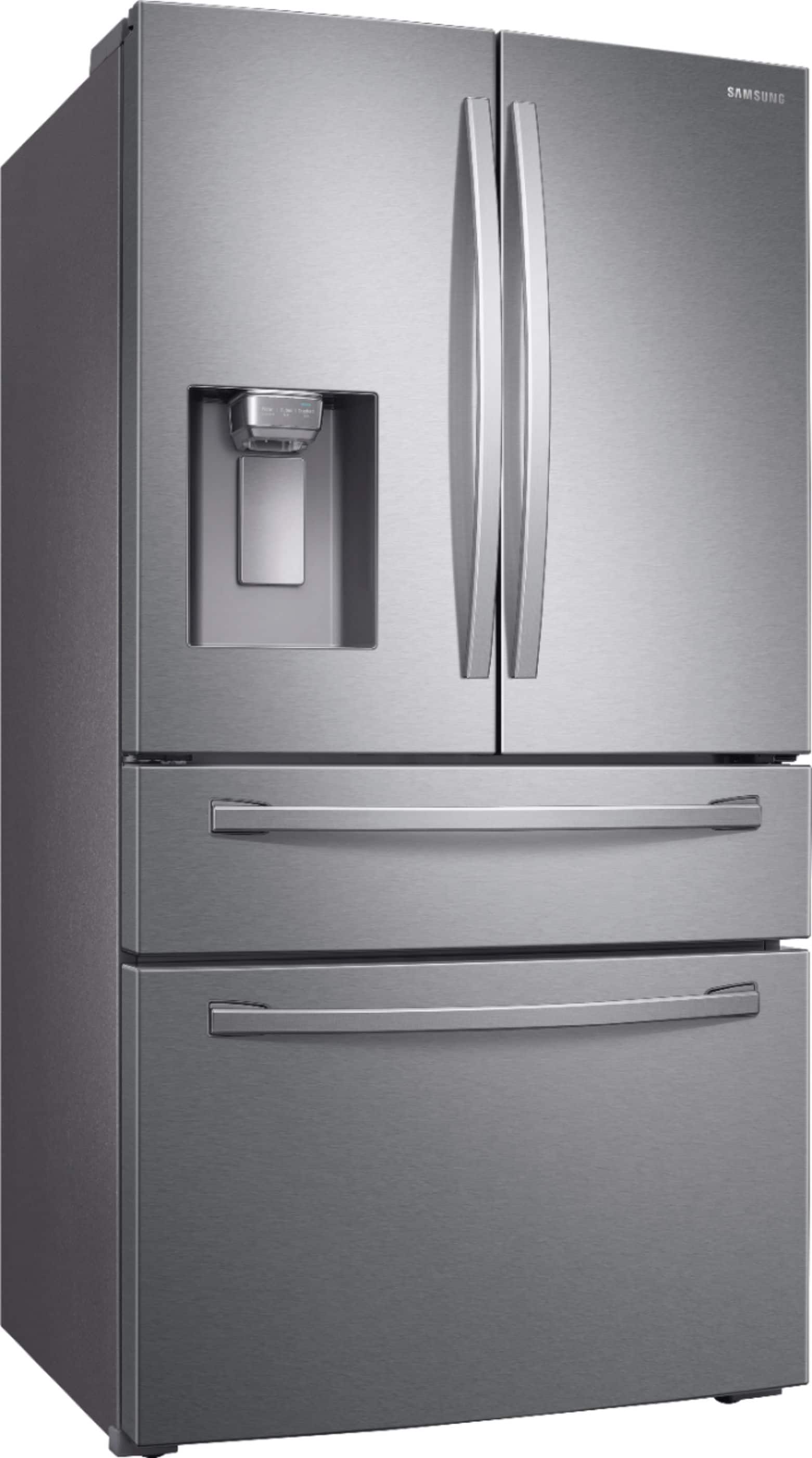 Angle. Samsung - 22.6 cu. ft. 4-Door French Door Counter Depth Smart Refrigerator with FlexZone Drawer - Stainless Steel.
