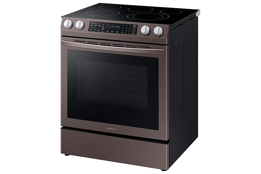 Left View: Samsung - 5.8 Cu. Ft. Self-Cleaning Slide-In Electric Convection Range - Tuscan Stainless Steel