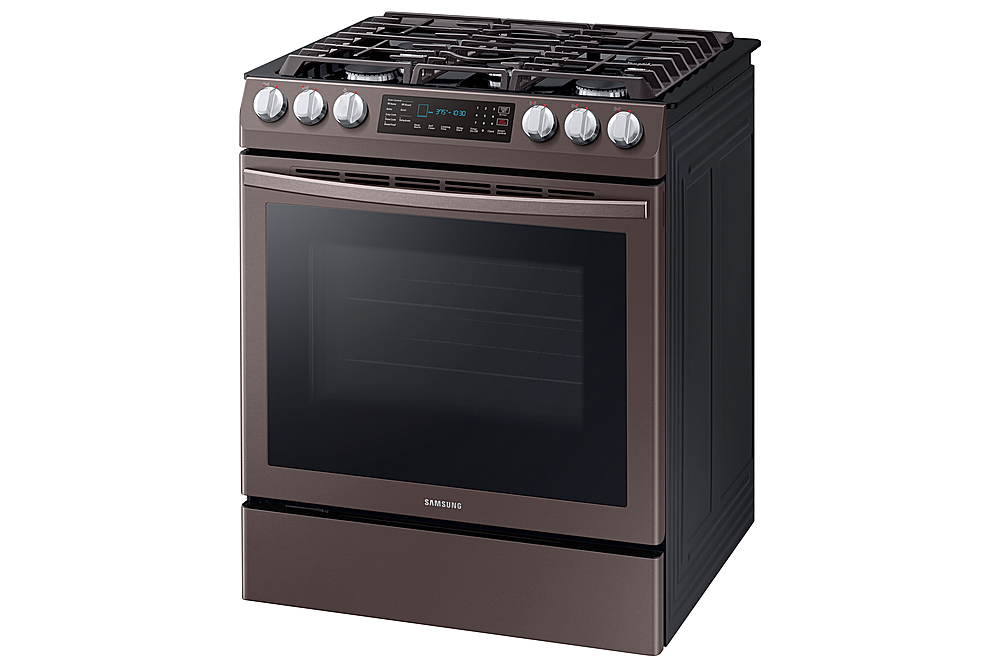 Left View: Samsung - 5.8 Cu. Ft. Self-Cleaning Slide-In Gas Convection Range - Tuscan stainless steel