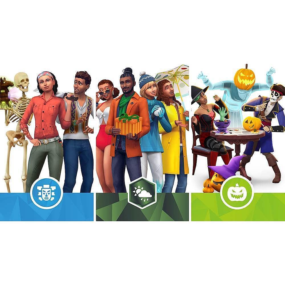 Front. Electronic Arts - The Sims 4 Seasons Expansion Pack, Jungle Adventure Game Pack, and Spooky Stuff Pack Bundle.