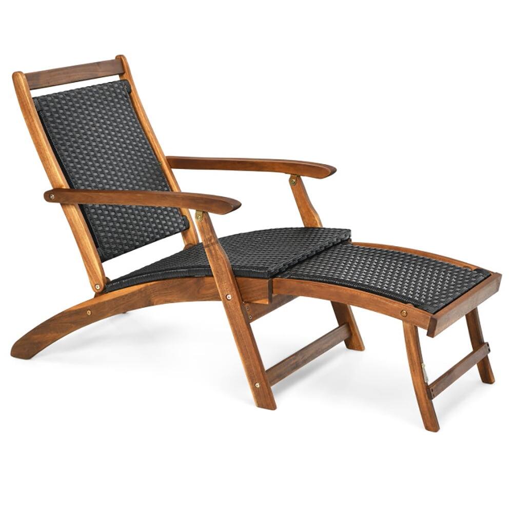 Alt View 4. Kadyn - Outdoor Chaise Lounge Chair, Patio Rattan Folding Lounge Chair with Acacia Wooden Frame Retractable Footrest - Brown.