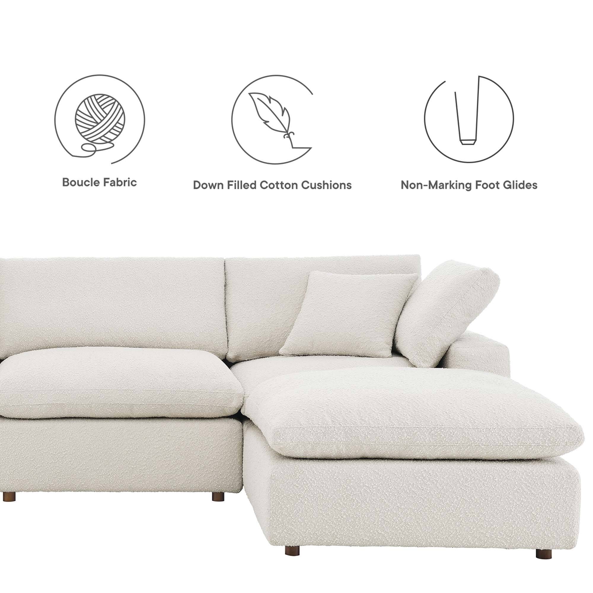 Boucle Fabric  
Down Filled Cotton Cushions  
Non-Marking Foot Glides