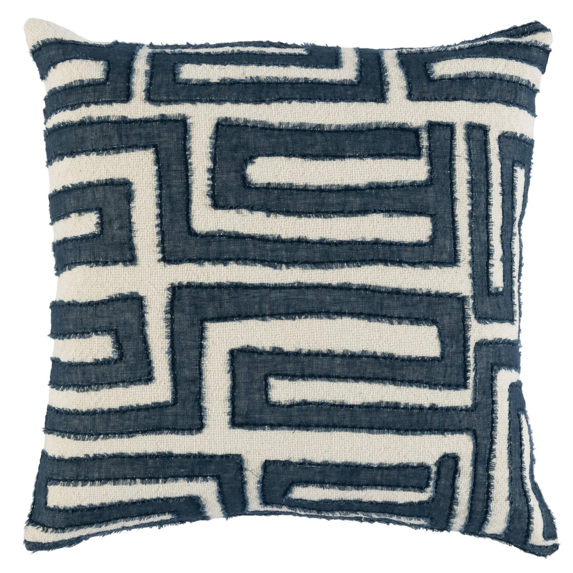 Front. Manhattan Lane - 22 Inch Square Accent Throw Pillow, Hand Stitched Applique - Blue, Ivory.
