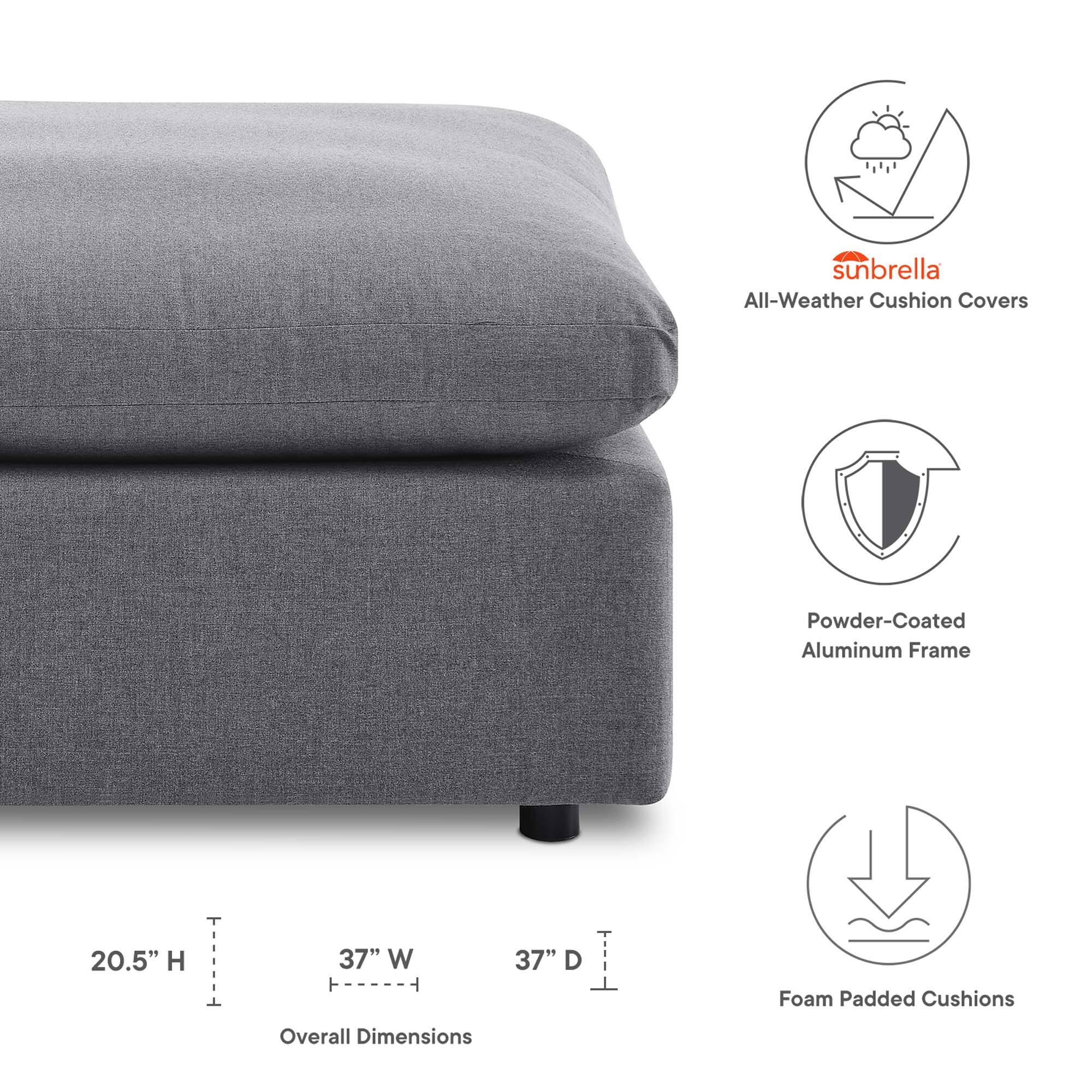 sunbrella All-Weather Cushion Covers  
Powder-Coated Aluminum Frame  
Foam Padded Cushions  

Overall Dimensions:  
20.5" H x 37" W x 37" D