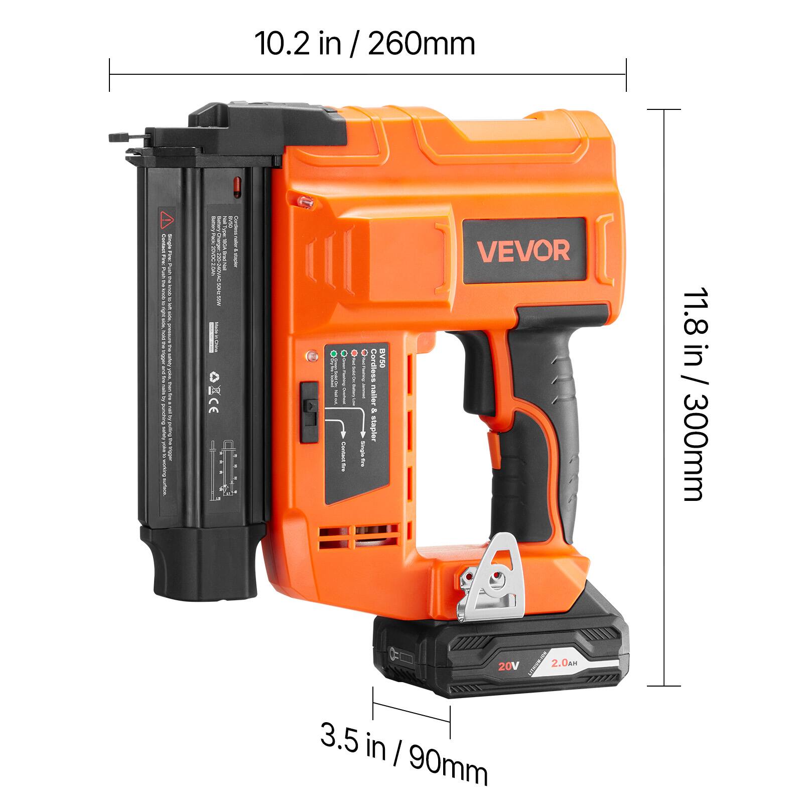 10.2 in / 260mm  
11.8 in / 300mm  
3.5 in / 90mm  
20V 2.0Ah  
VEVOR