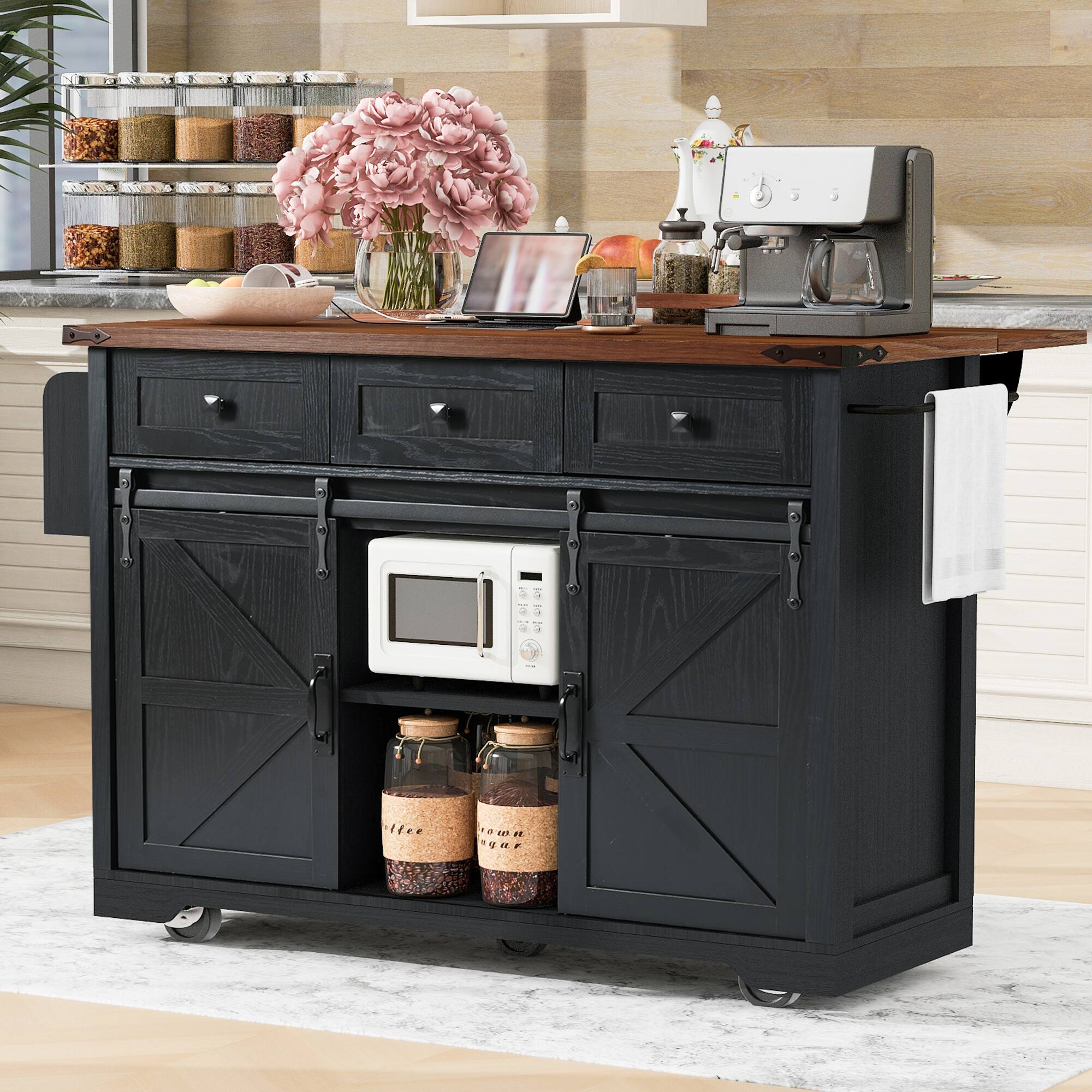 Alt View 1. Ecooso - Rolling Kitchen Island with Drop Leaf, Power Outlets, Storage Drawers & Shelves - Black.